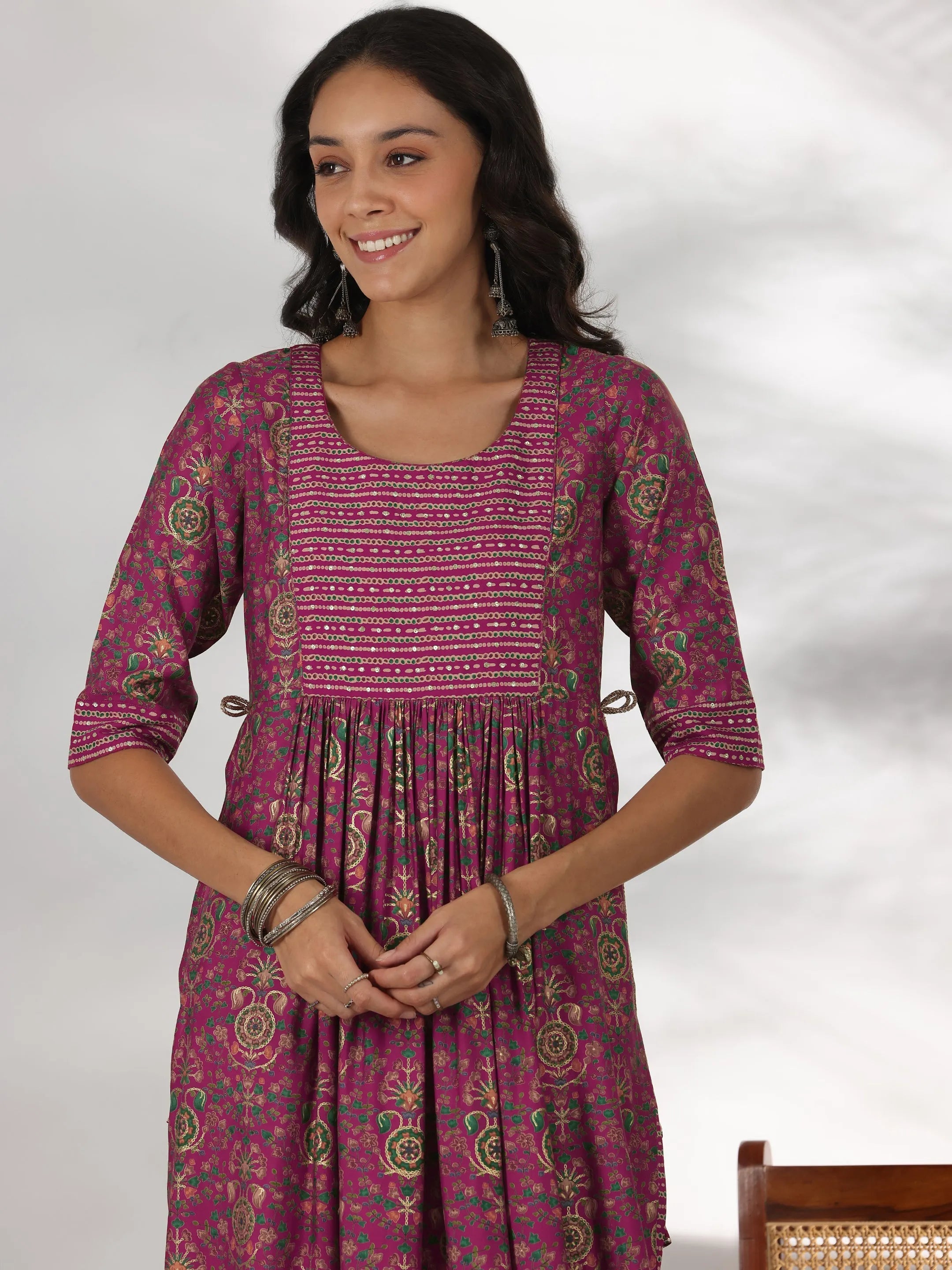 Pink Printed Silk Blend A-Line Kurta With Trousers & Dupatta