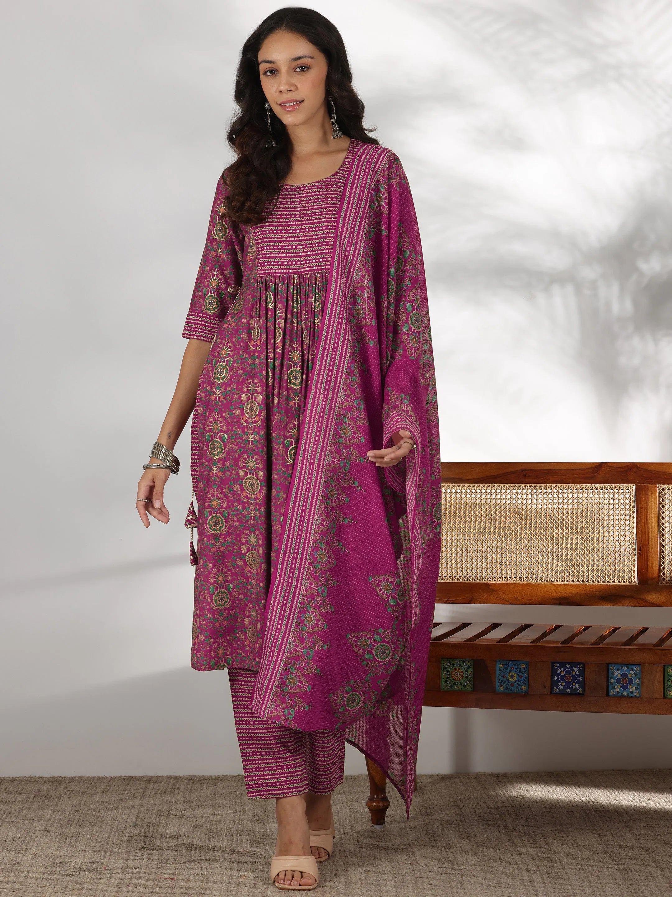 Pink Printed Silk Blend A-Line Kurta With Trousers & Dupatta
