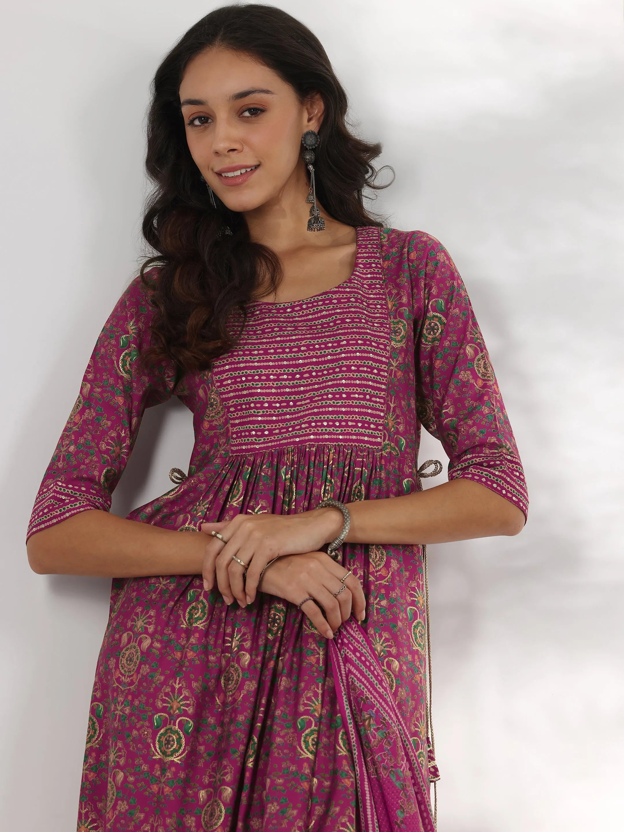 Pink Printed Silk Blend A-Line Kurta With Trousers & Dupatta