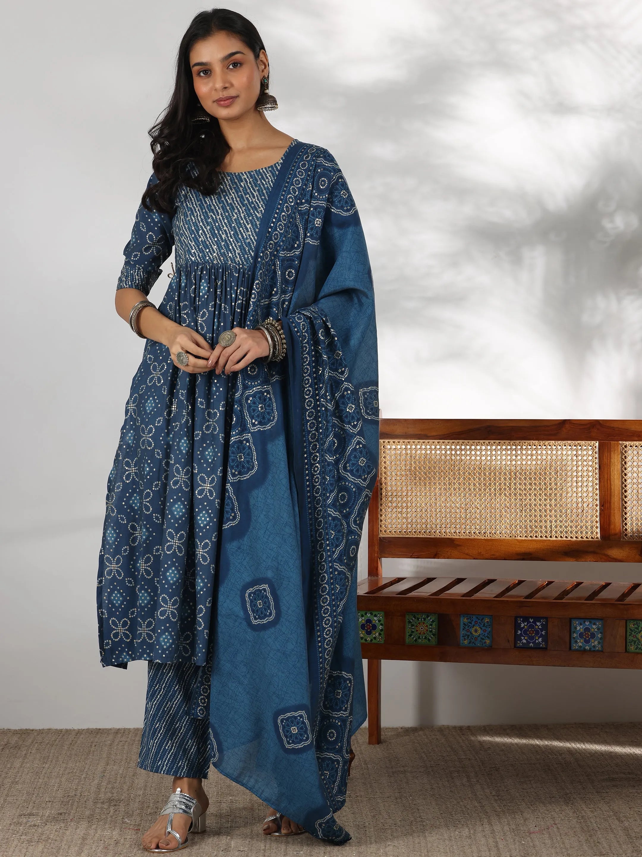 Blue Printed Silk Blend A-Line Kurta With Trousers & Dupatta