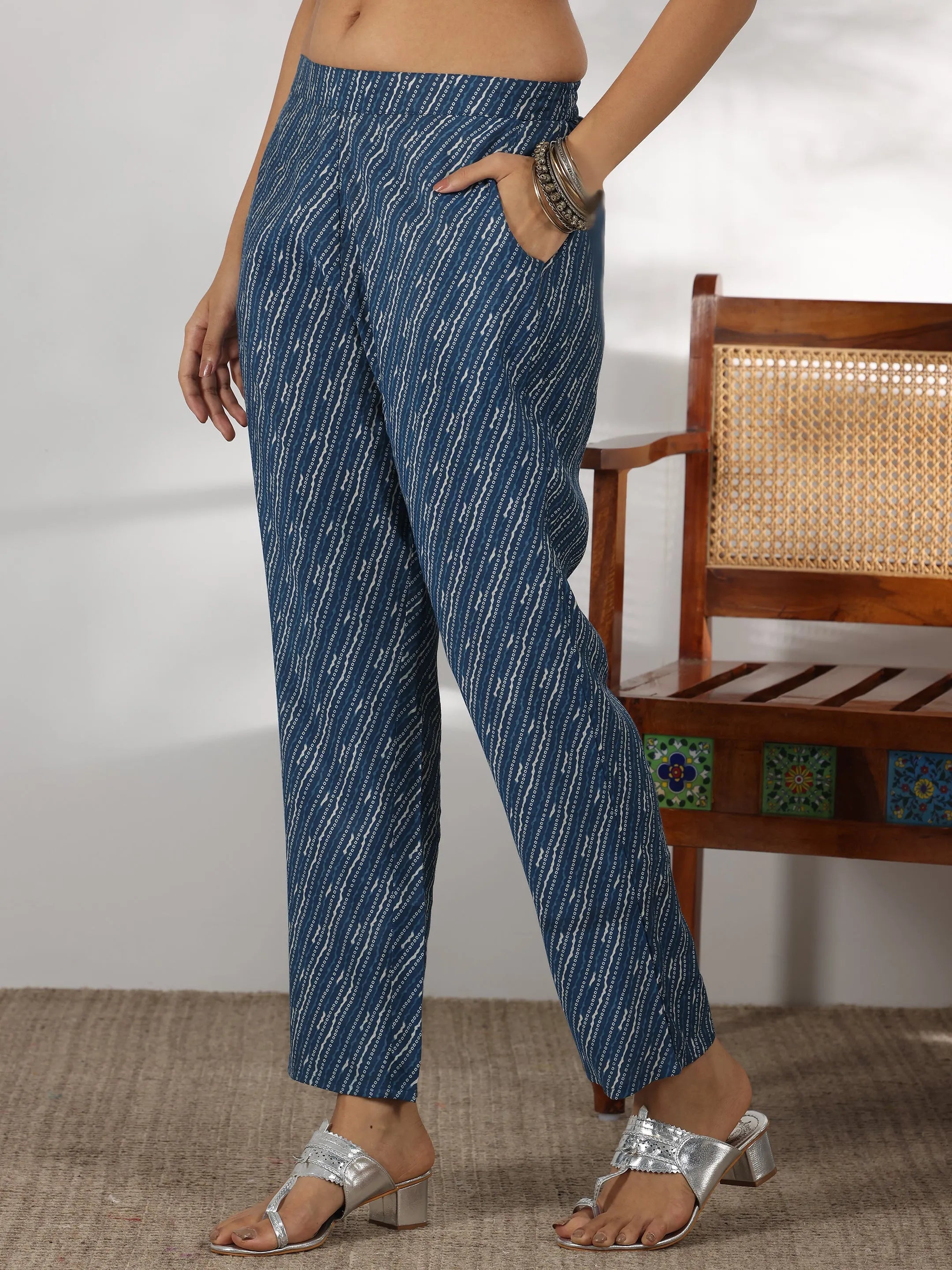 Blue Printed Silk Blend A-Line Kurta With Trousers & Dupatta