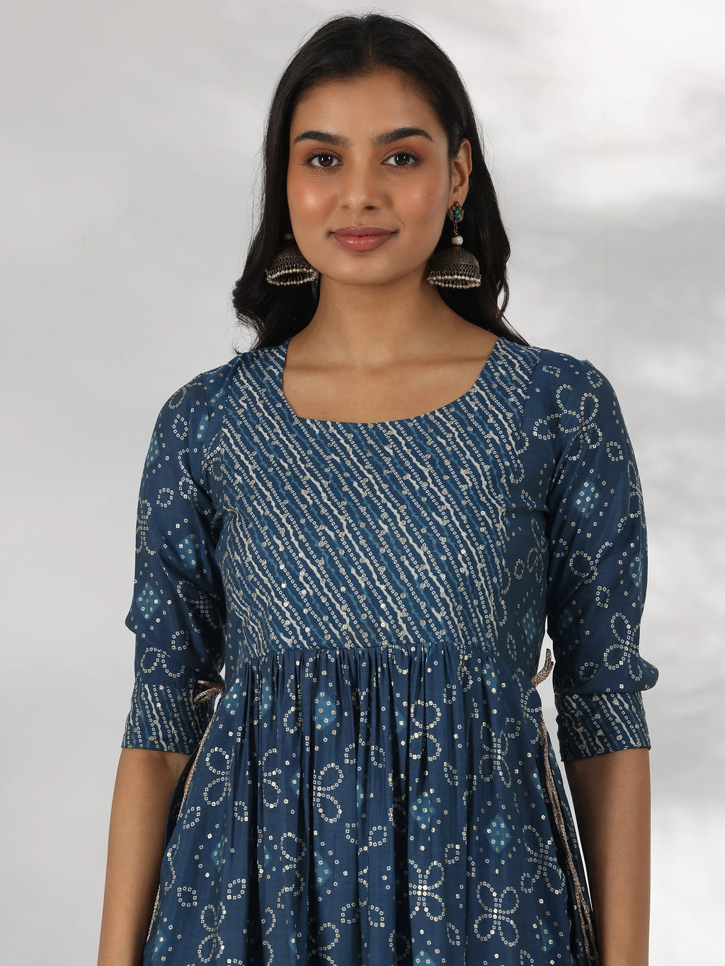 Blue Printed Silk Blend A-Line Kurta With Trousers & Dupatta