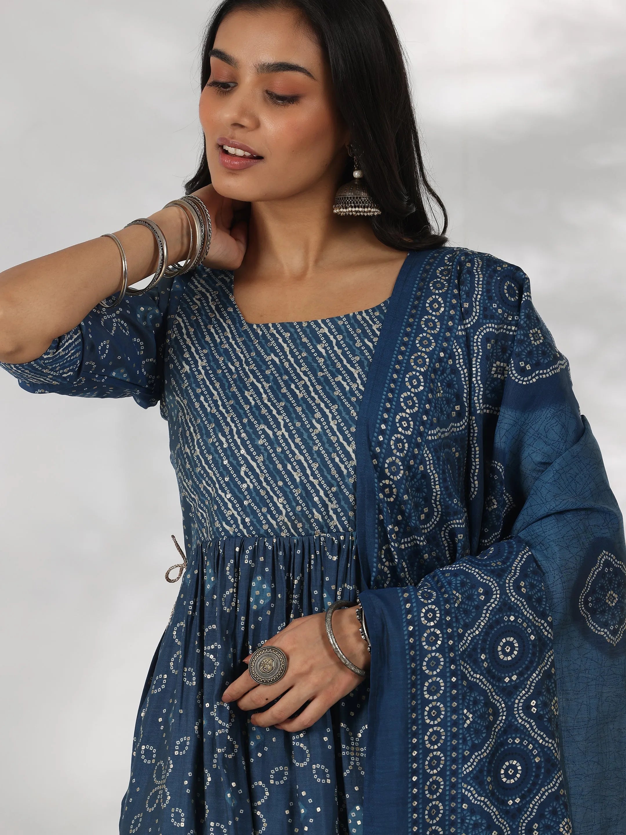Blue Printed Silk Blend A-Line Kurta With Trousers & Dupatta