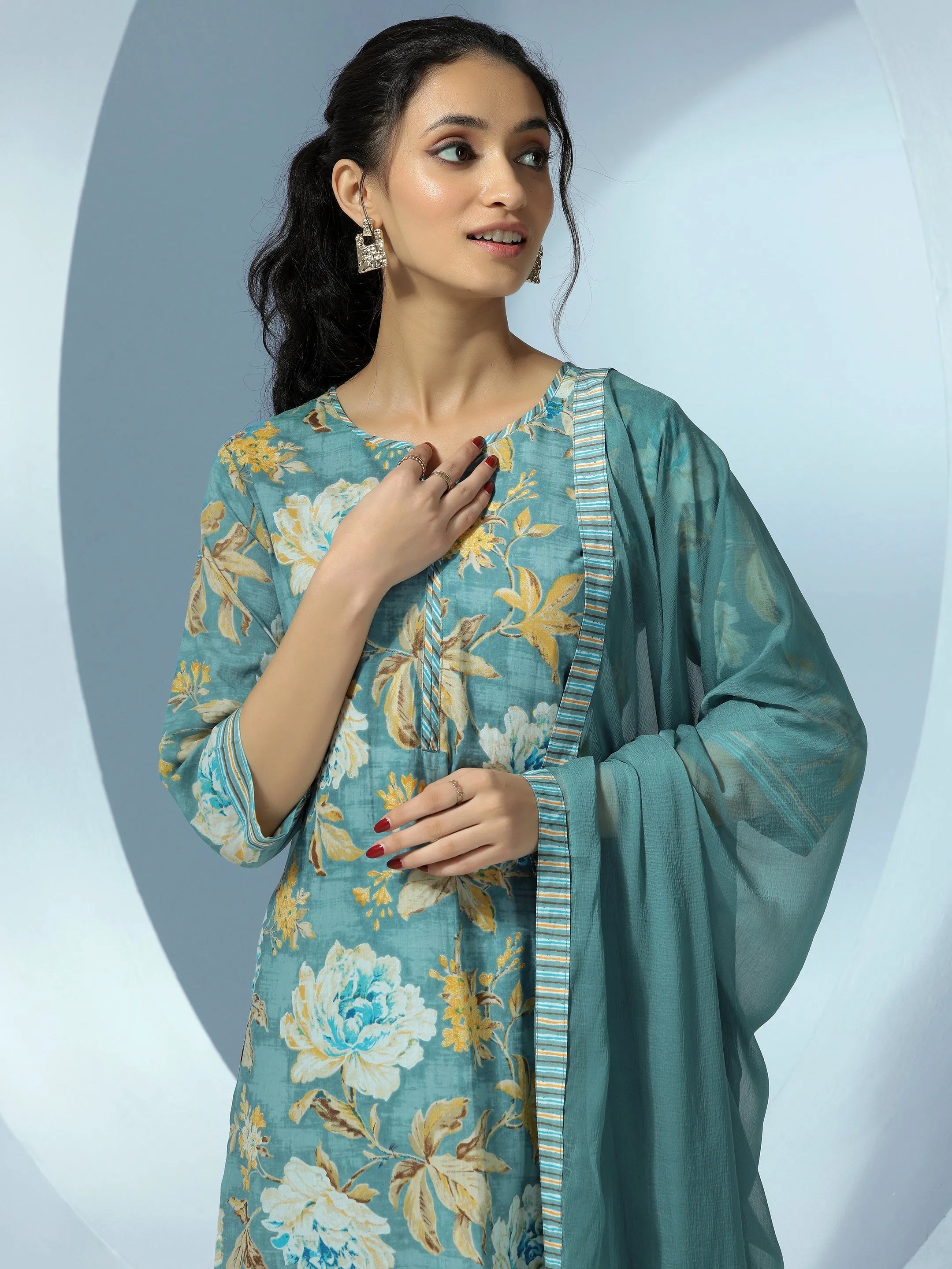 Grey Printed Cotton Straight Suit With Dupatta