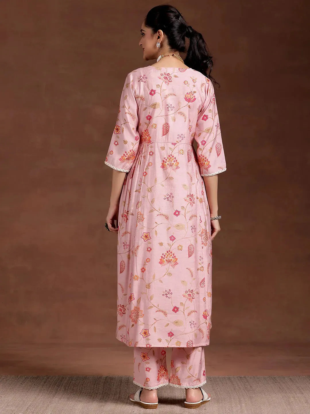 Pink Printed Silk Blend A-Line Kurta With Trousers