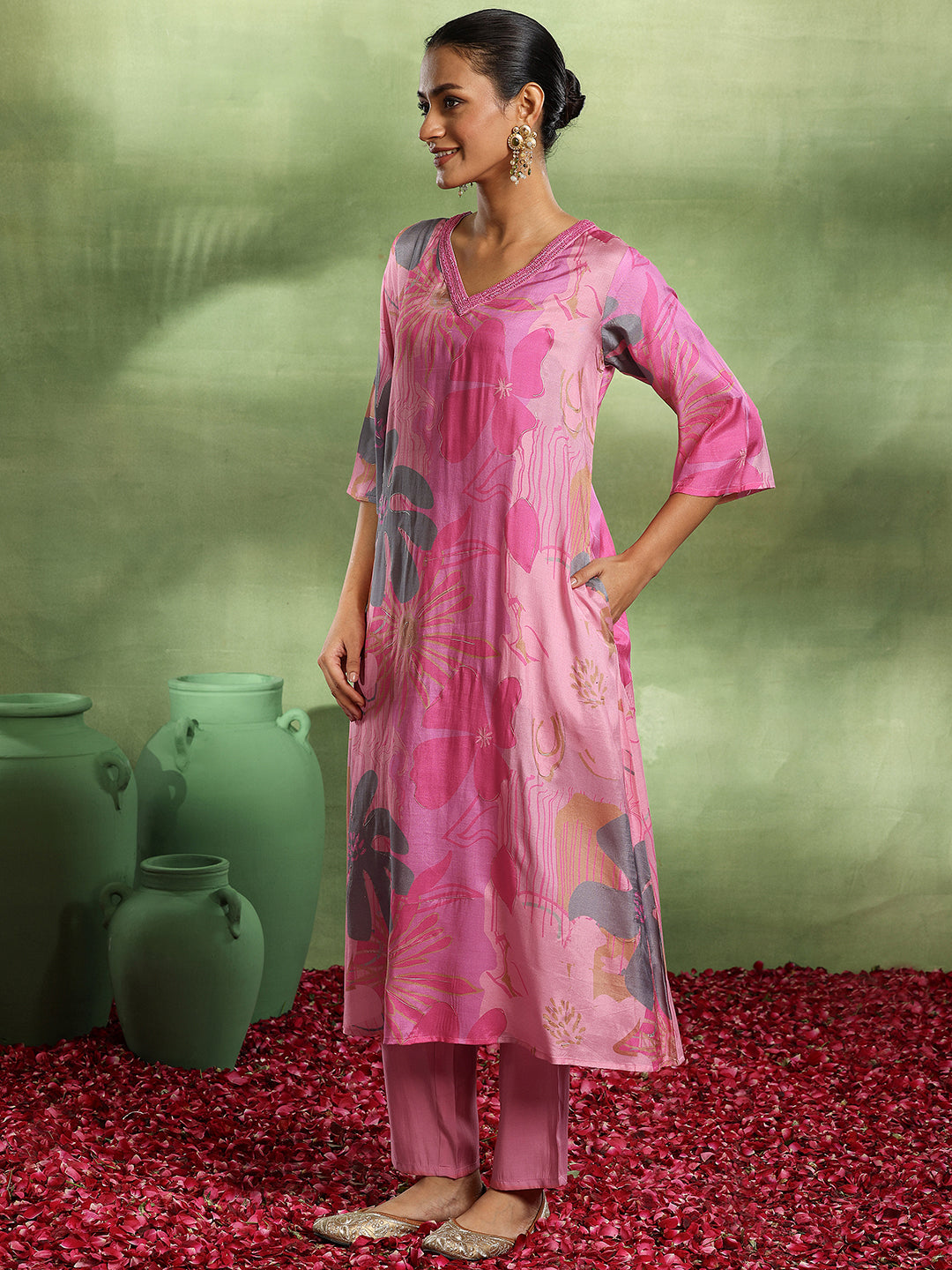 Pink Printed Silk Blend Co-Ords