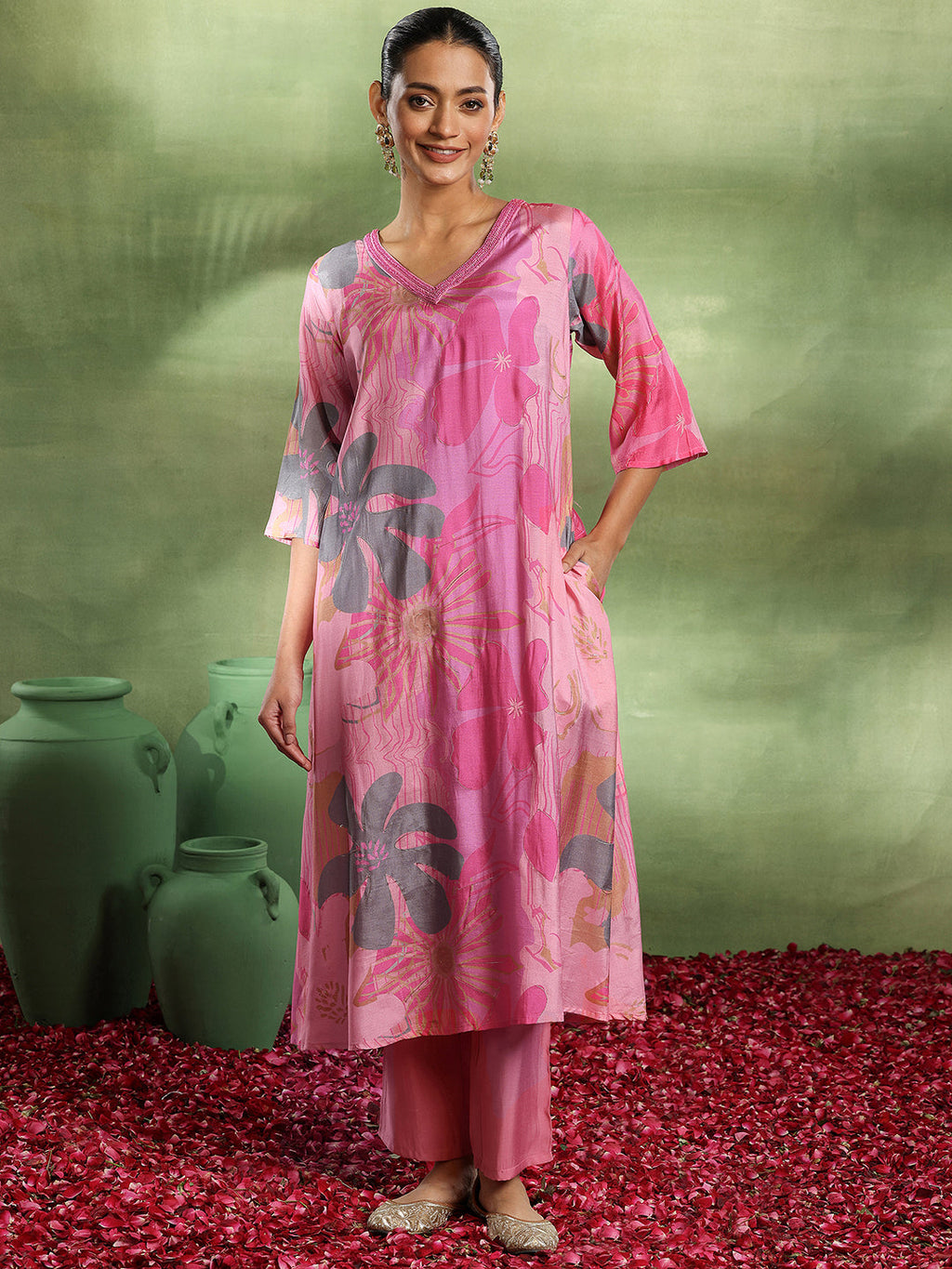 Pink Printed Silk Blend Co-Ords