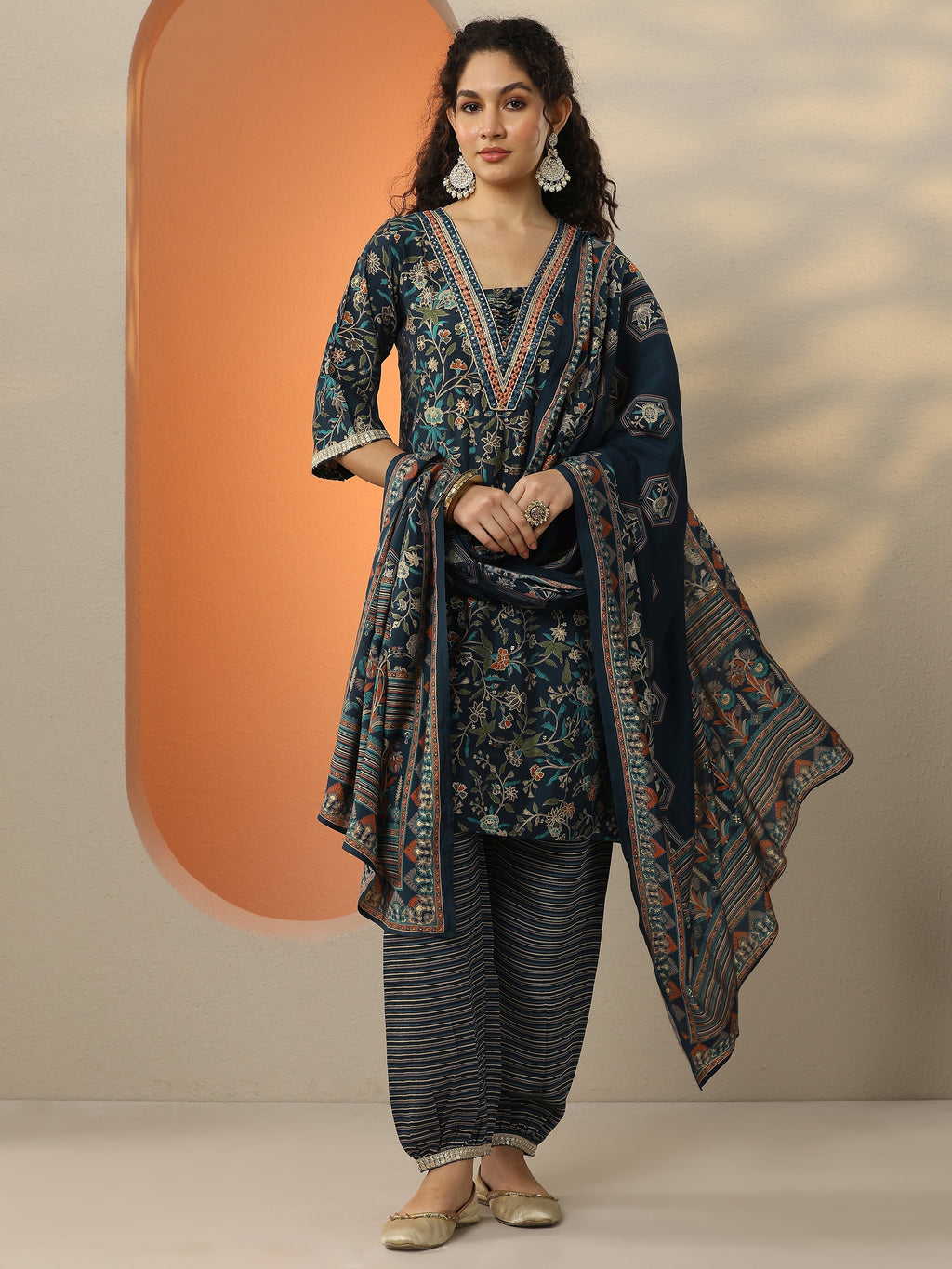 Blue Printed Silk Blend A-Line Kurta With Salwar & Dupatta