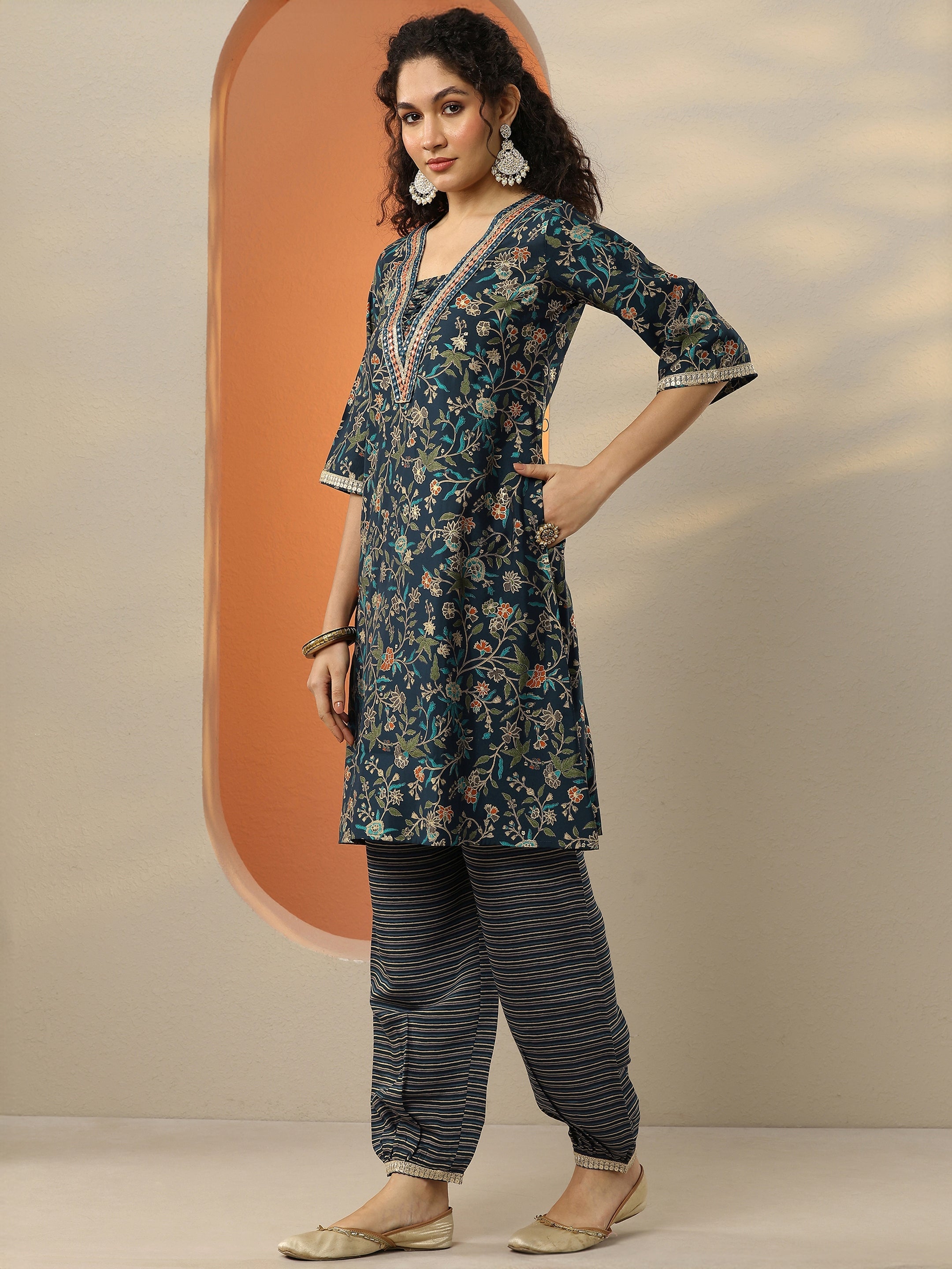 Blue Printed Silk Blend A-Line Kurta With Salwar & Dupatta