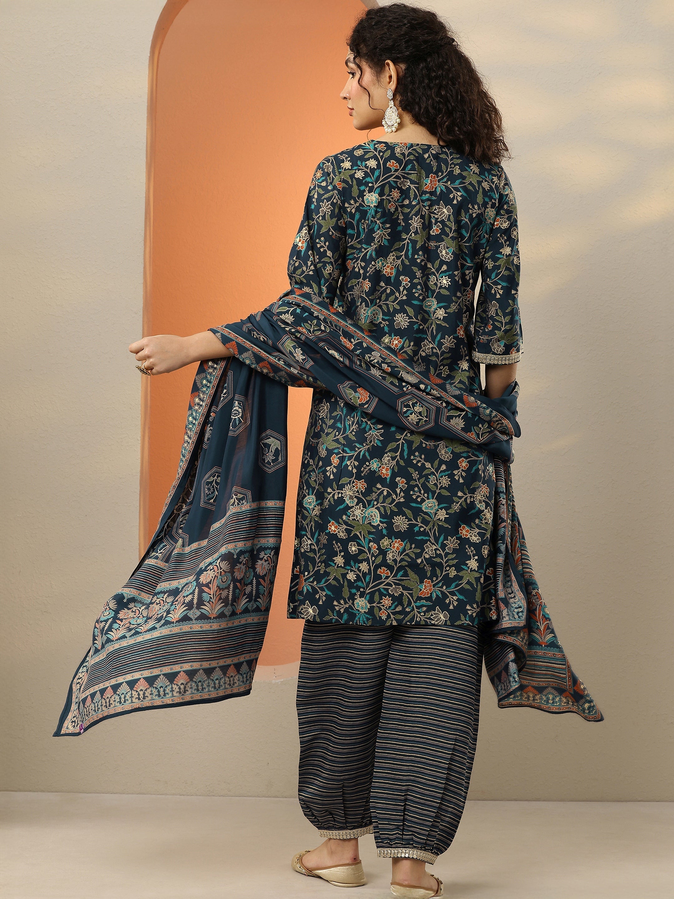 Blue Printed Silk Blend A-Line Kurta With Salwar & Dupatta
