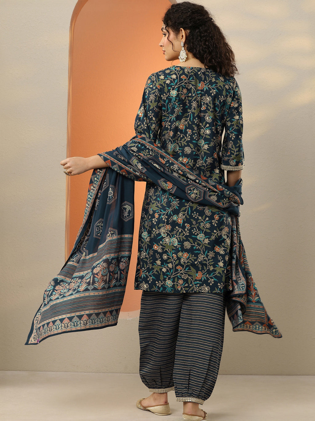 Blue Printed Silk Blend A-Line Kurta With Salwar & Dupatta