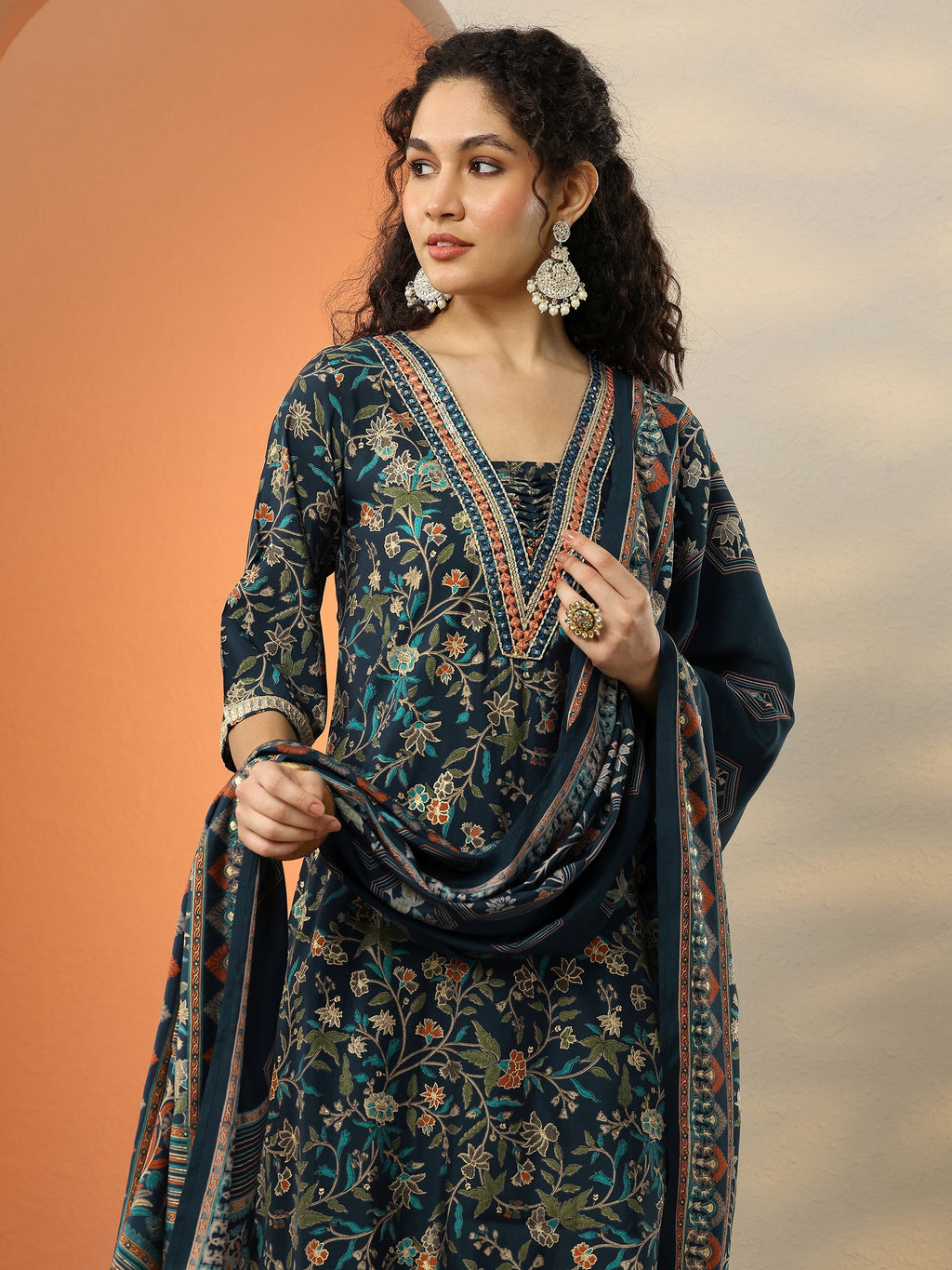 Blue Printed Silk Blend A-Line Kurta With Salwar & Dupatta