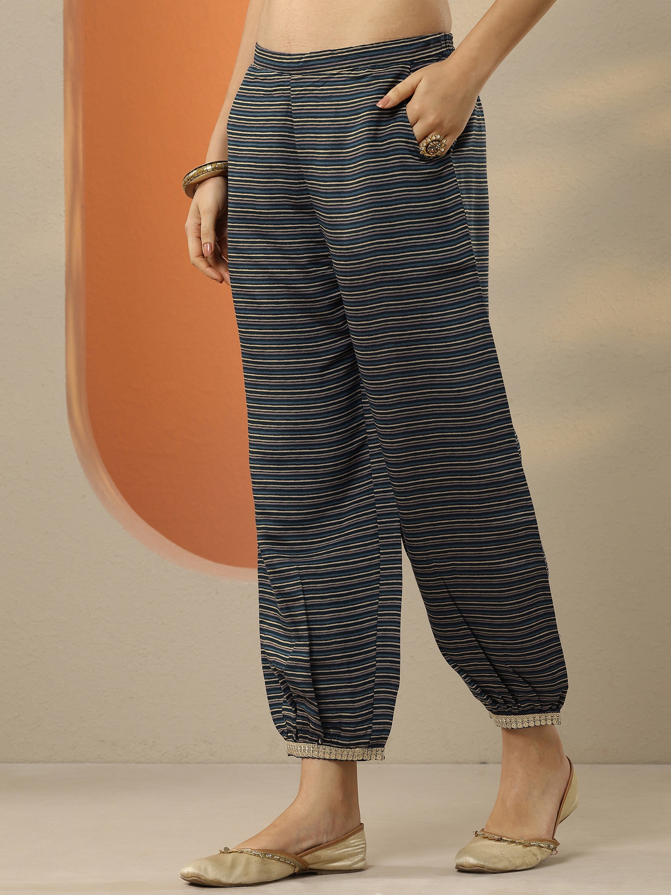 Blue Printed Silk Blend A-Line Kurta With Salwar & Dupatta