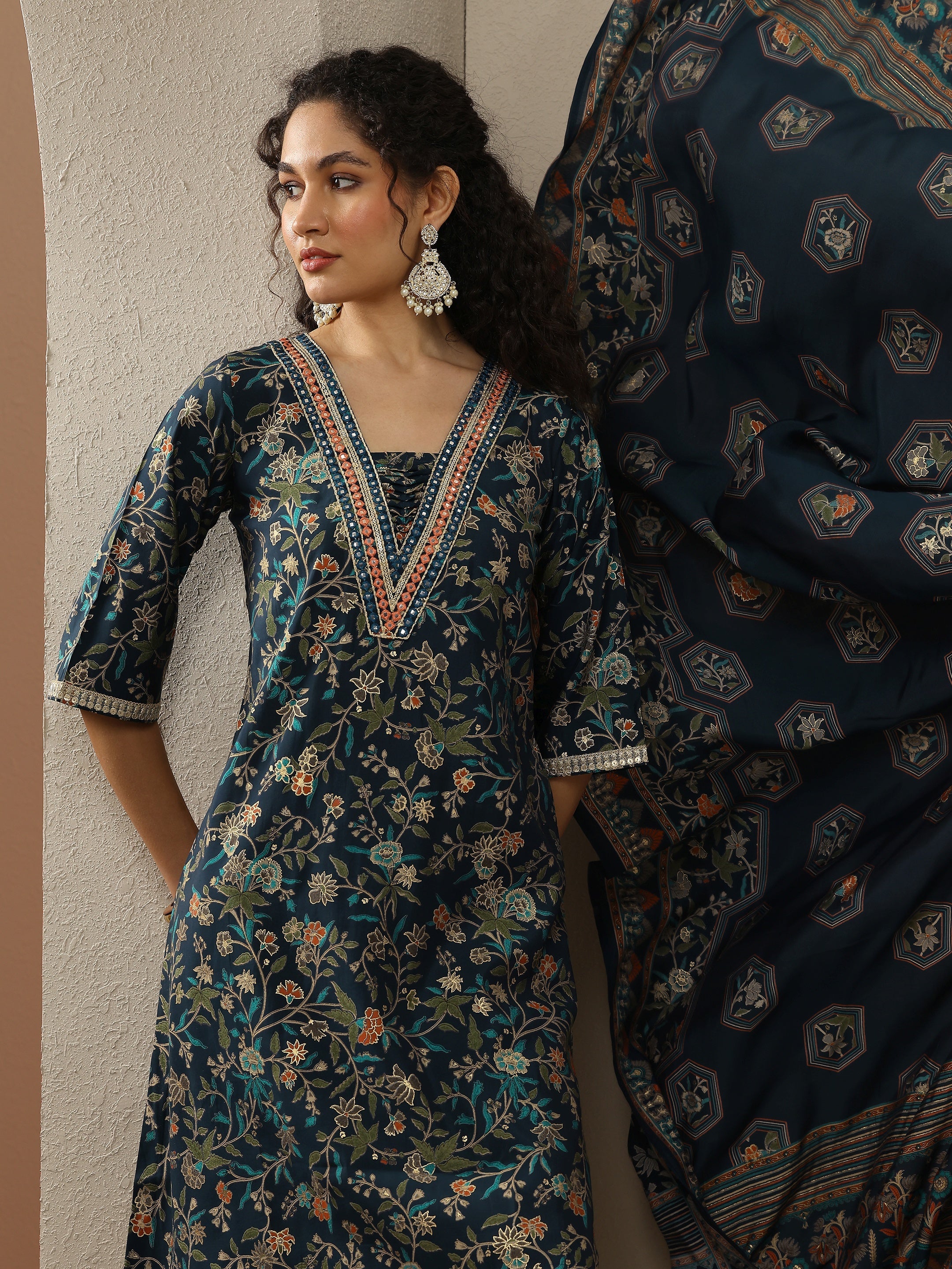 Blue Printed Silk Blend A-Line Kurta With Salwar & Dupatta