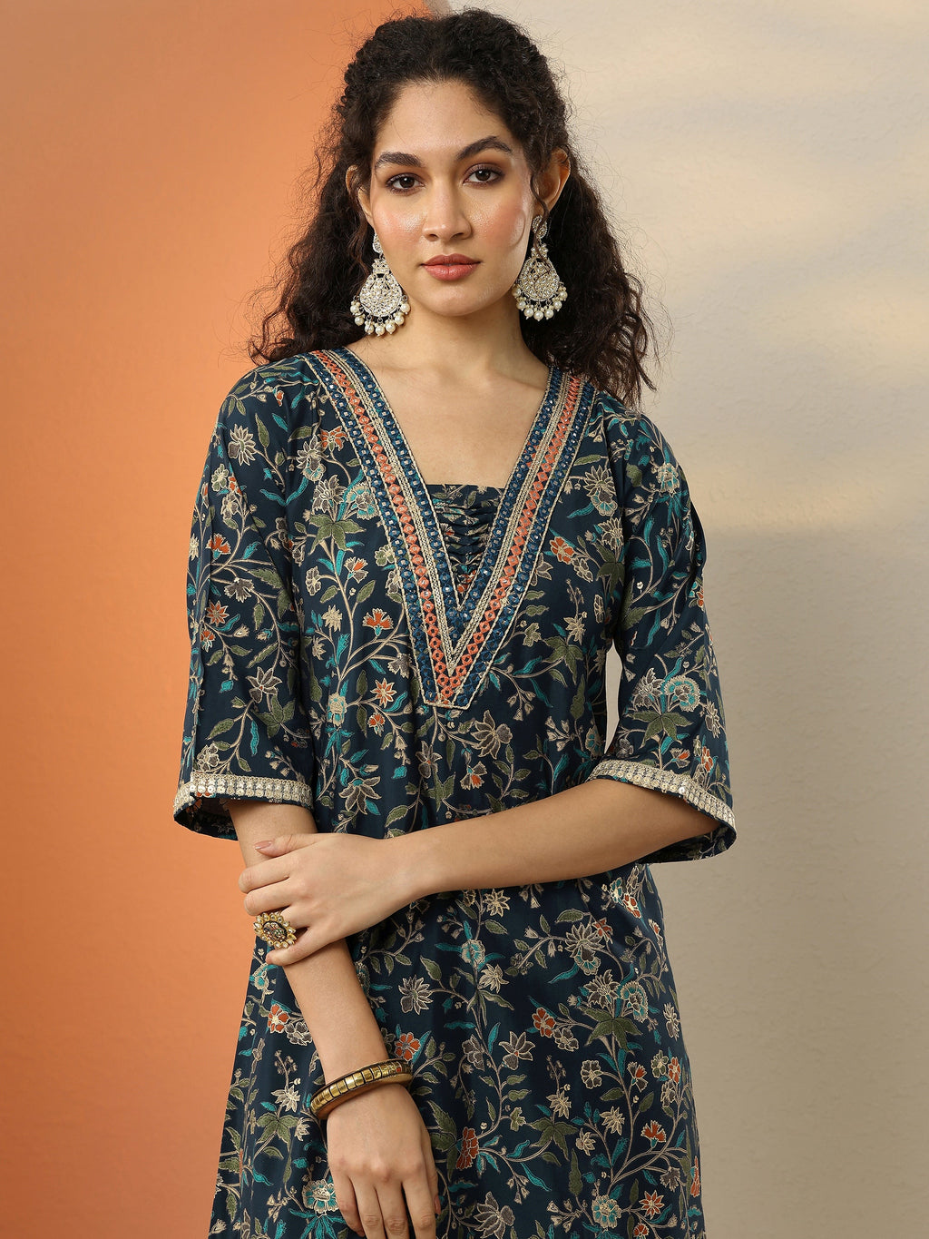 Blue Printed Silk Blend A-Line Kurta With Salwar & Dupatta