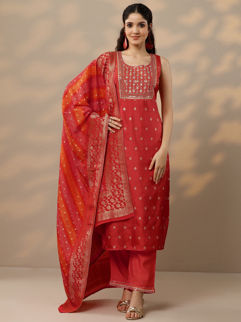 Orange Woven Design Silk Blend Straight Suit With Dupatta