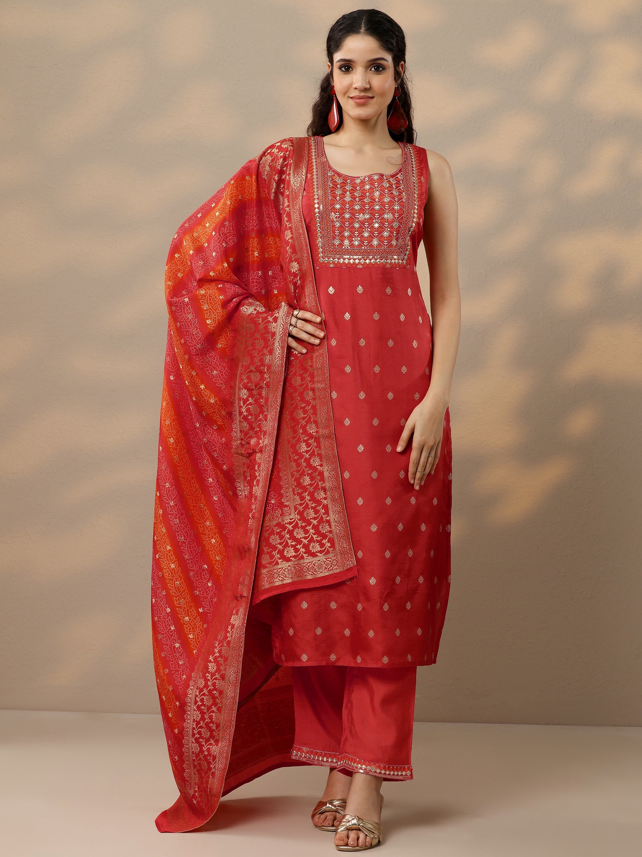 Orange Woven Design Silk Blend Straight Suit With Dupatta