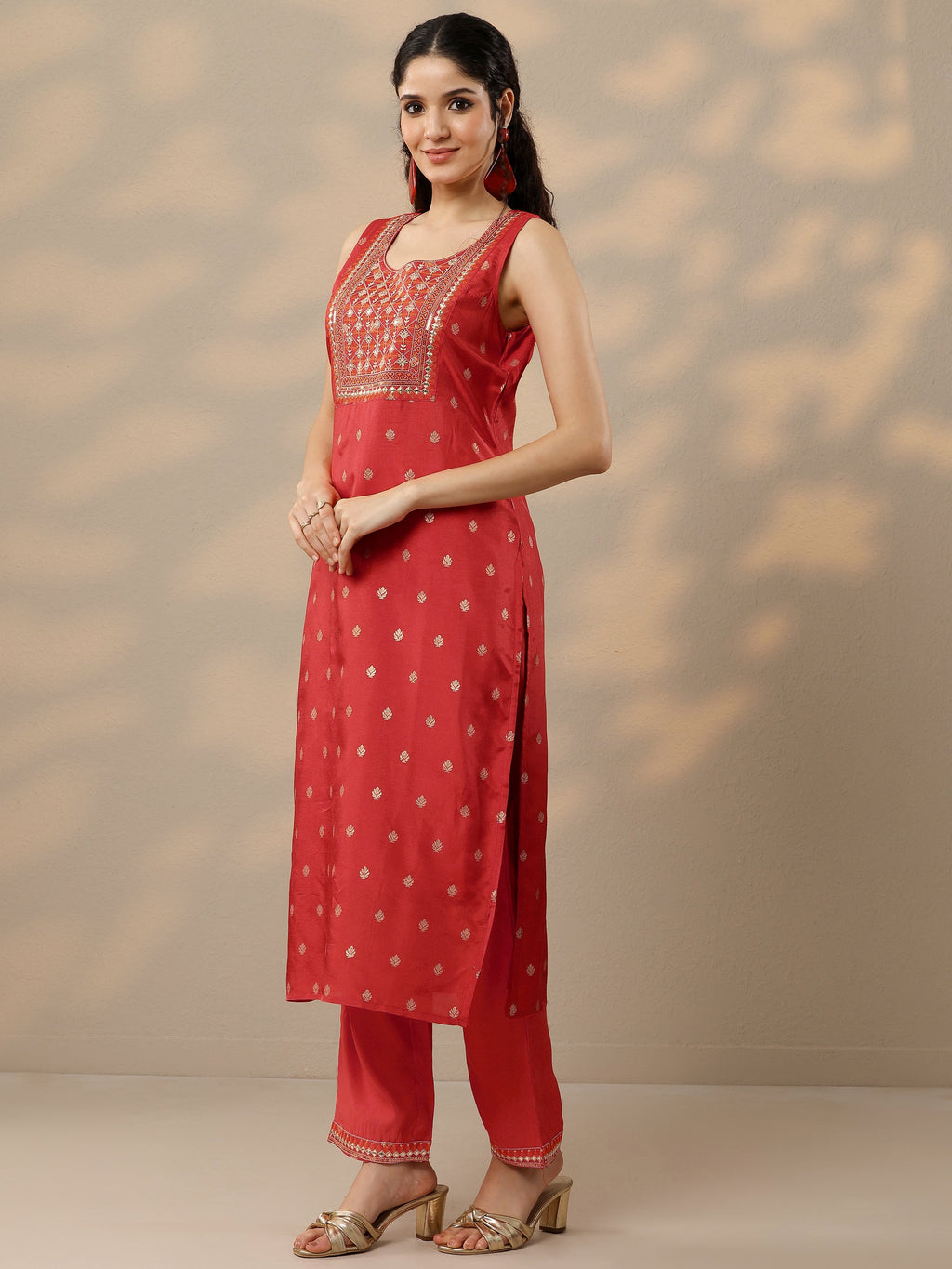 Orange Woven Design Silk Blend Straight Suit With Dupatta