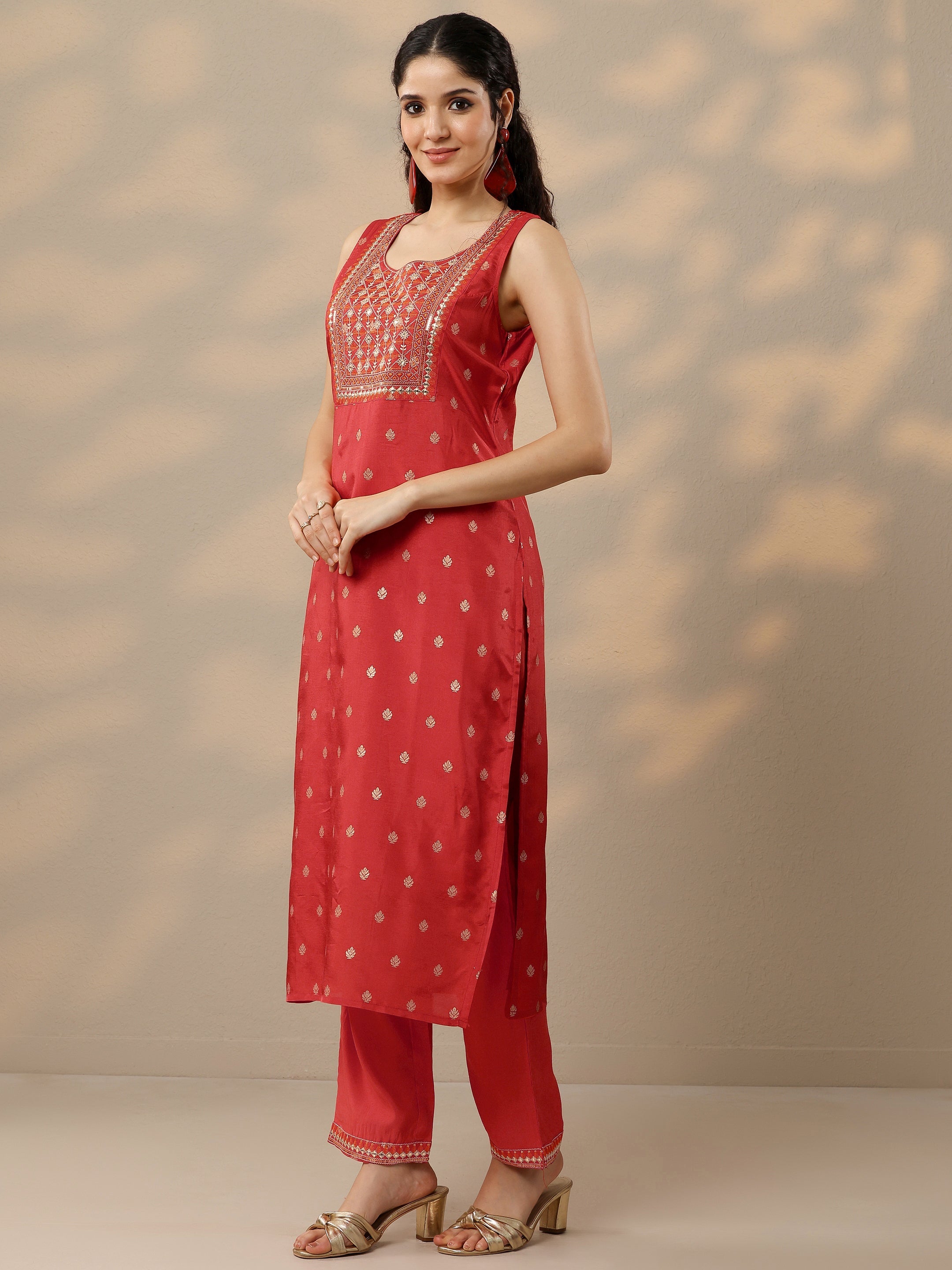 Orange Woven Design Silk Blend Straight Suit With Dupatta