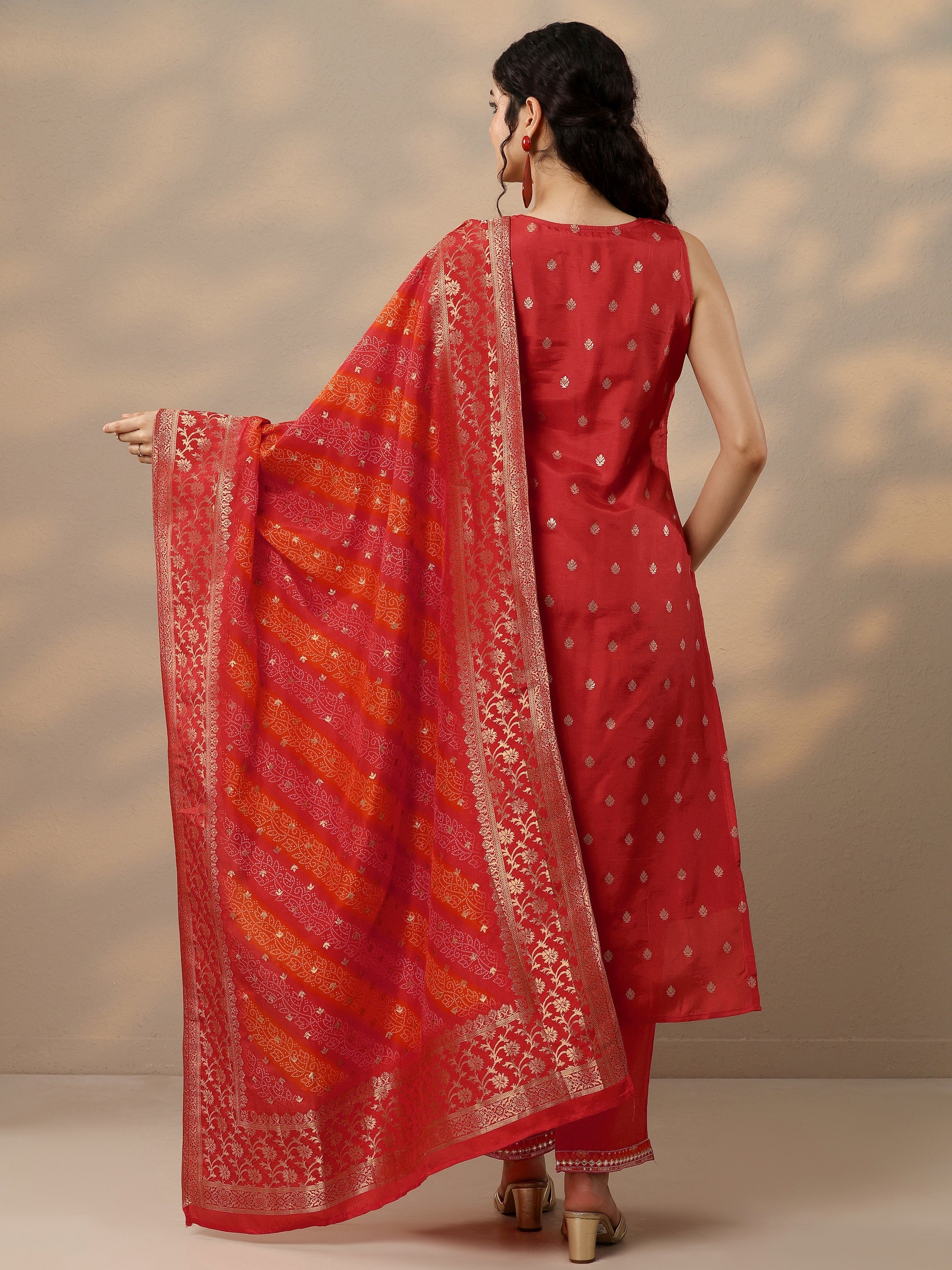 Orange Woven Design Silk Blend Straight Suit With Dupatta