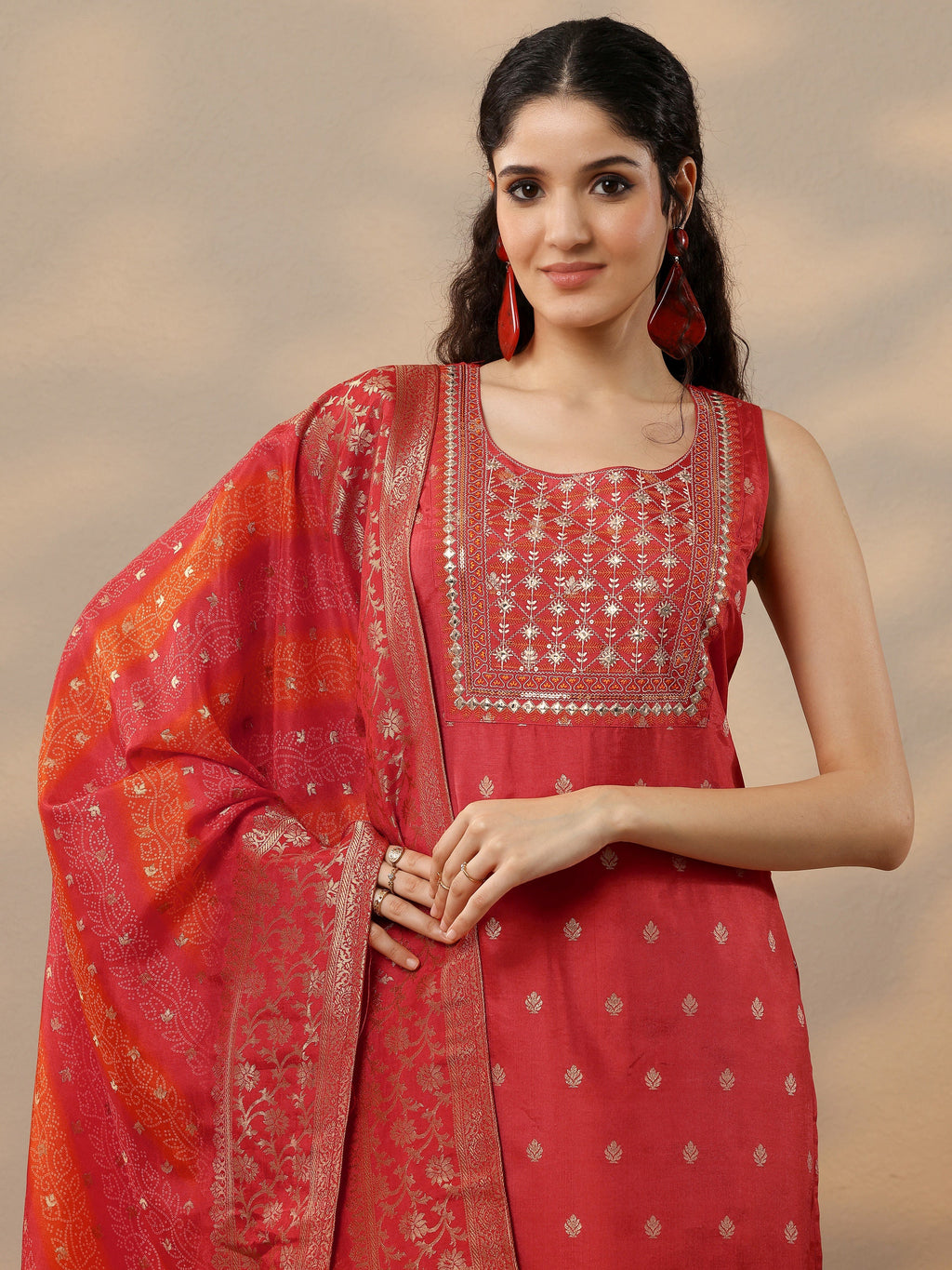 Orange Woven Design Silk Blend Straight Suit With Dupatta