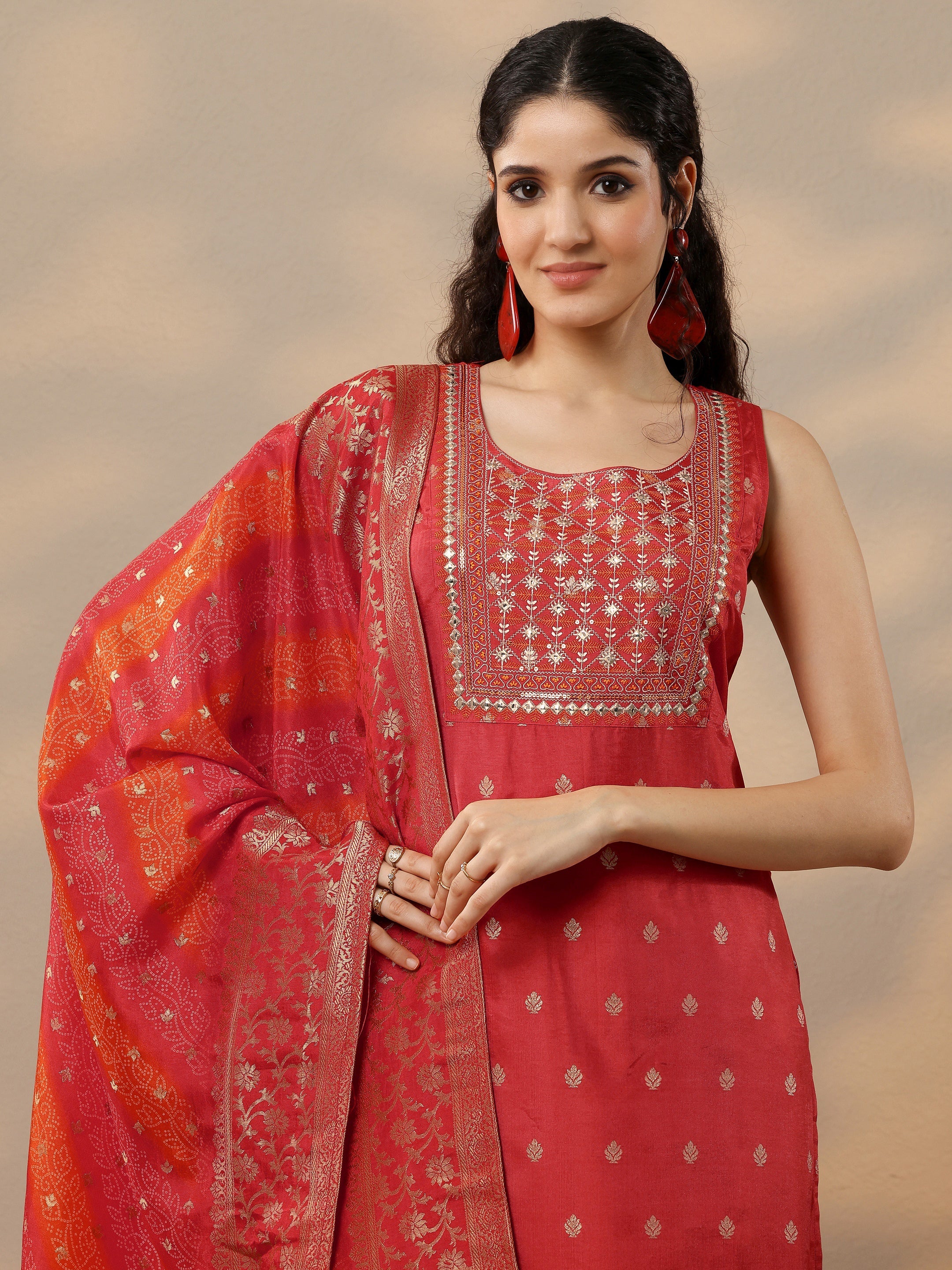 Orange Woven Design Silk Blend Straight Suit With Dupatta