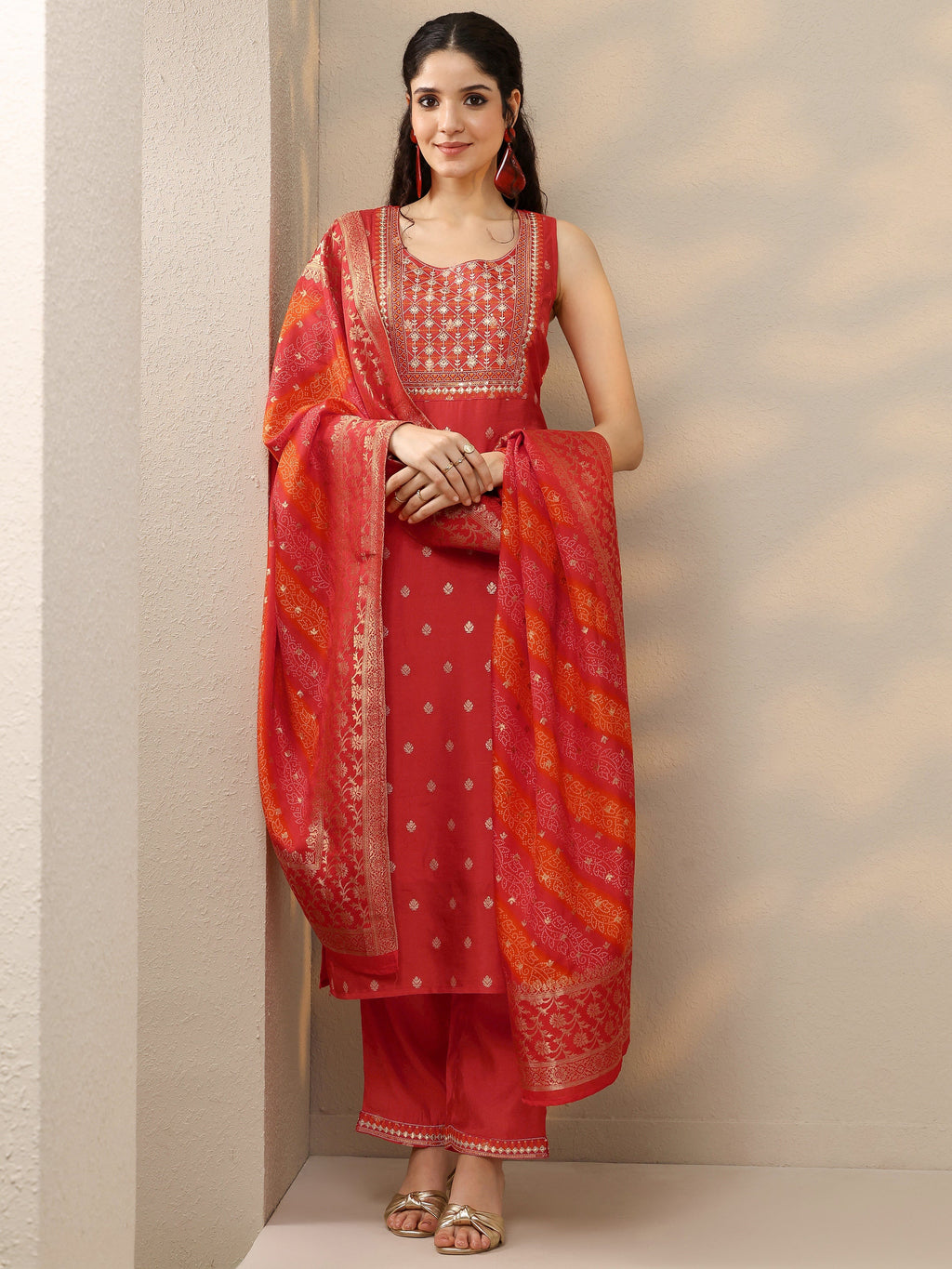 Orange Woven Design Silk Blend Straight Suit With Dupatta