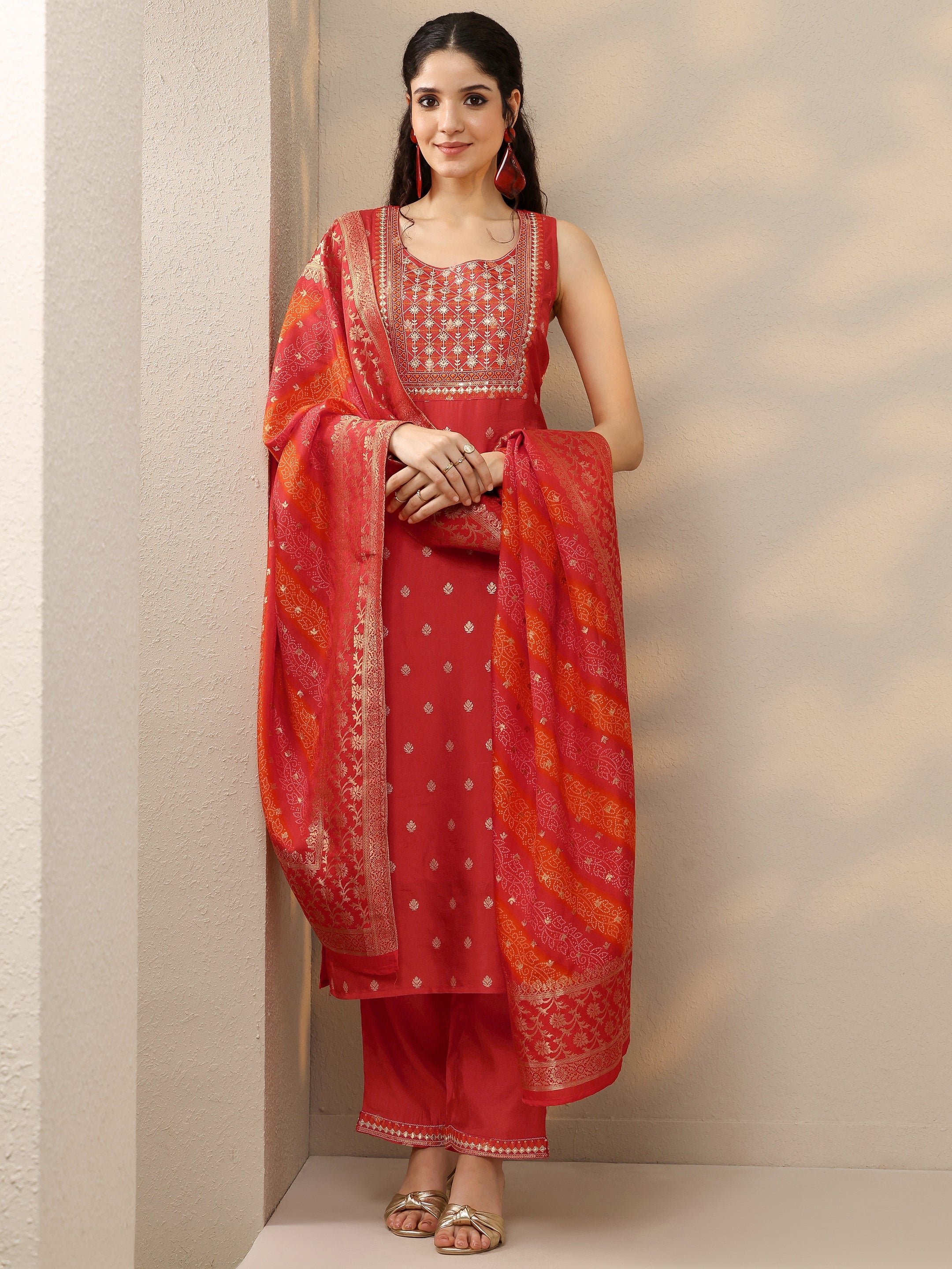 Orange Woven Design Silk Blend Straight Suit With Dupatta