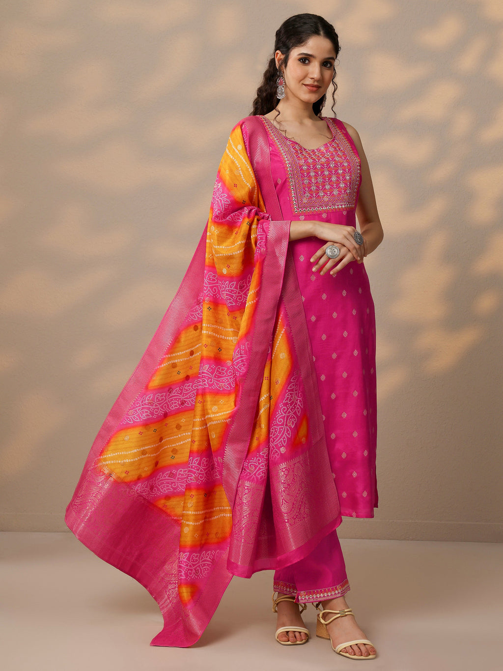 Pink Woven Design Silk Blend Straight Suit With Dupatta
