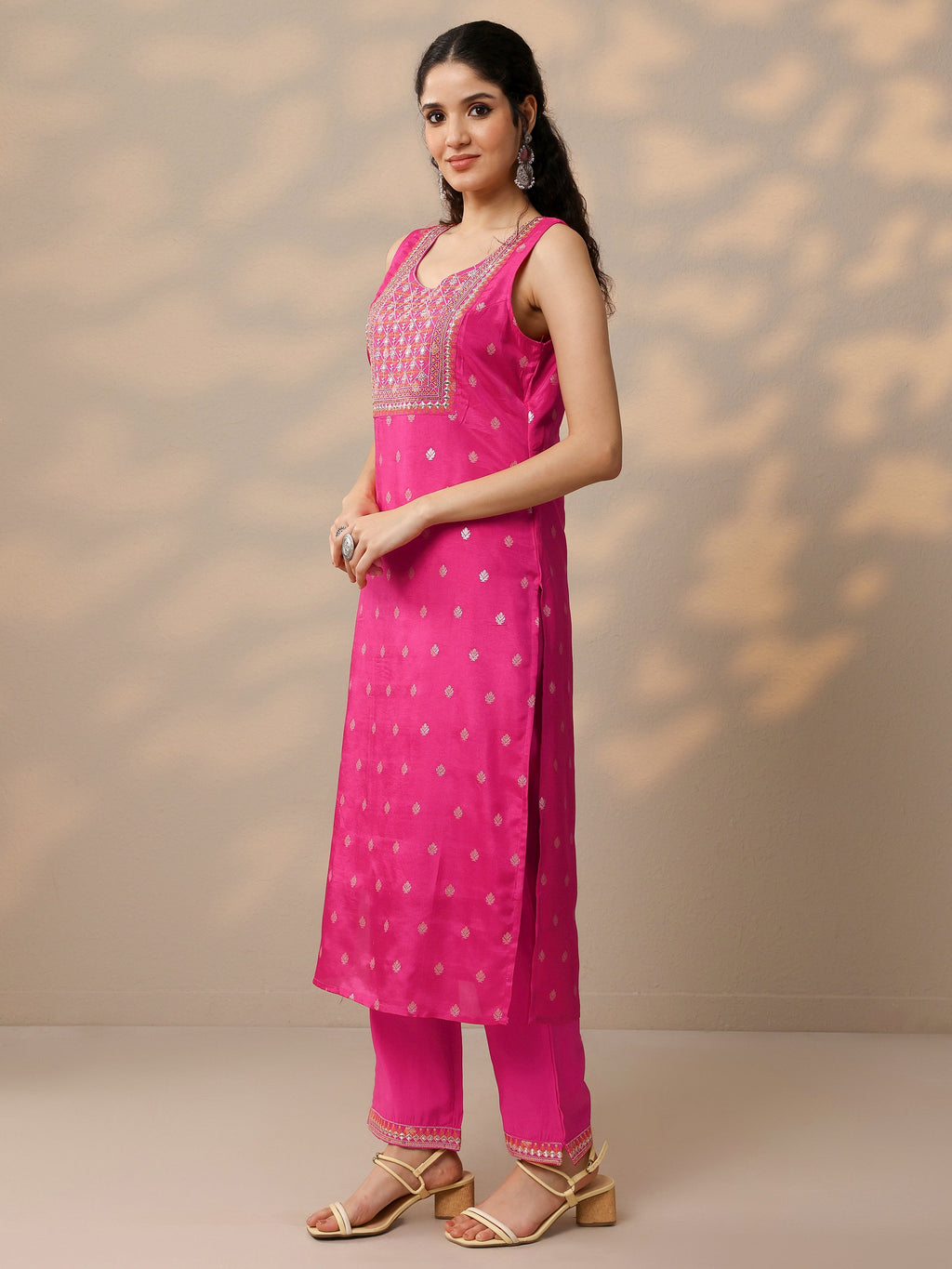 Pink Woven Design Silk Blend Straight Suit With Dupatta