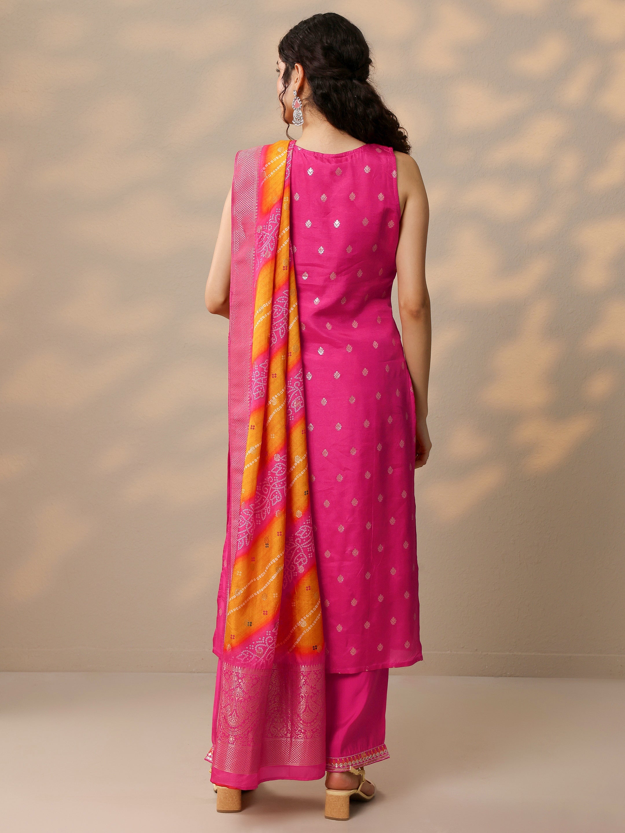 Pink Woven Design Silk Blend Straight Suit With Dupatta