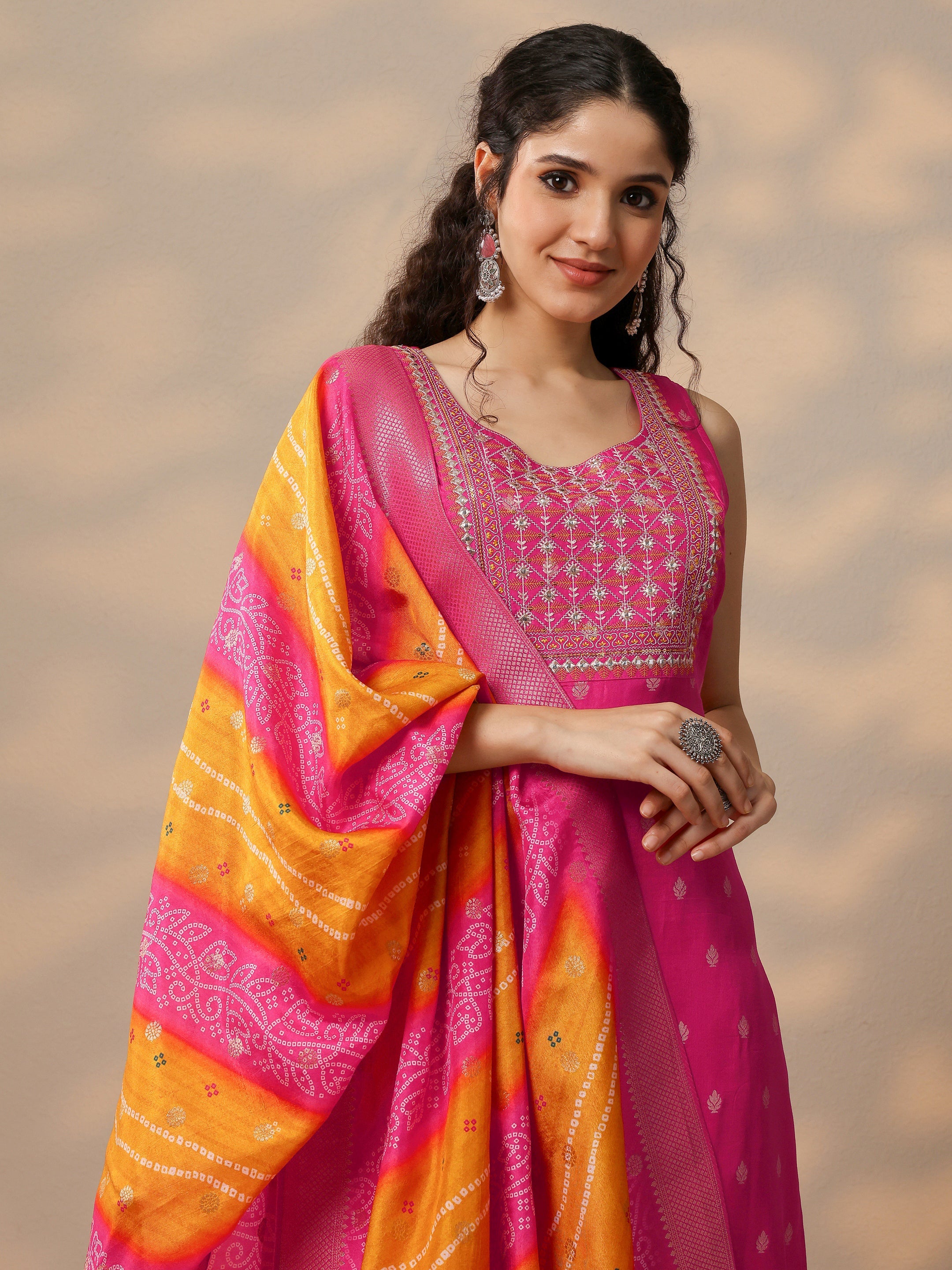 Pink Woven Design Silk Blend Straight Suit With Dupatta
