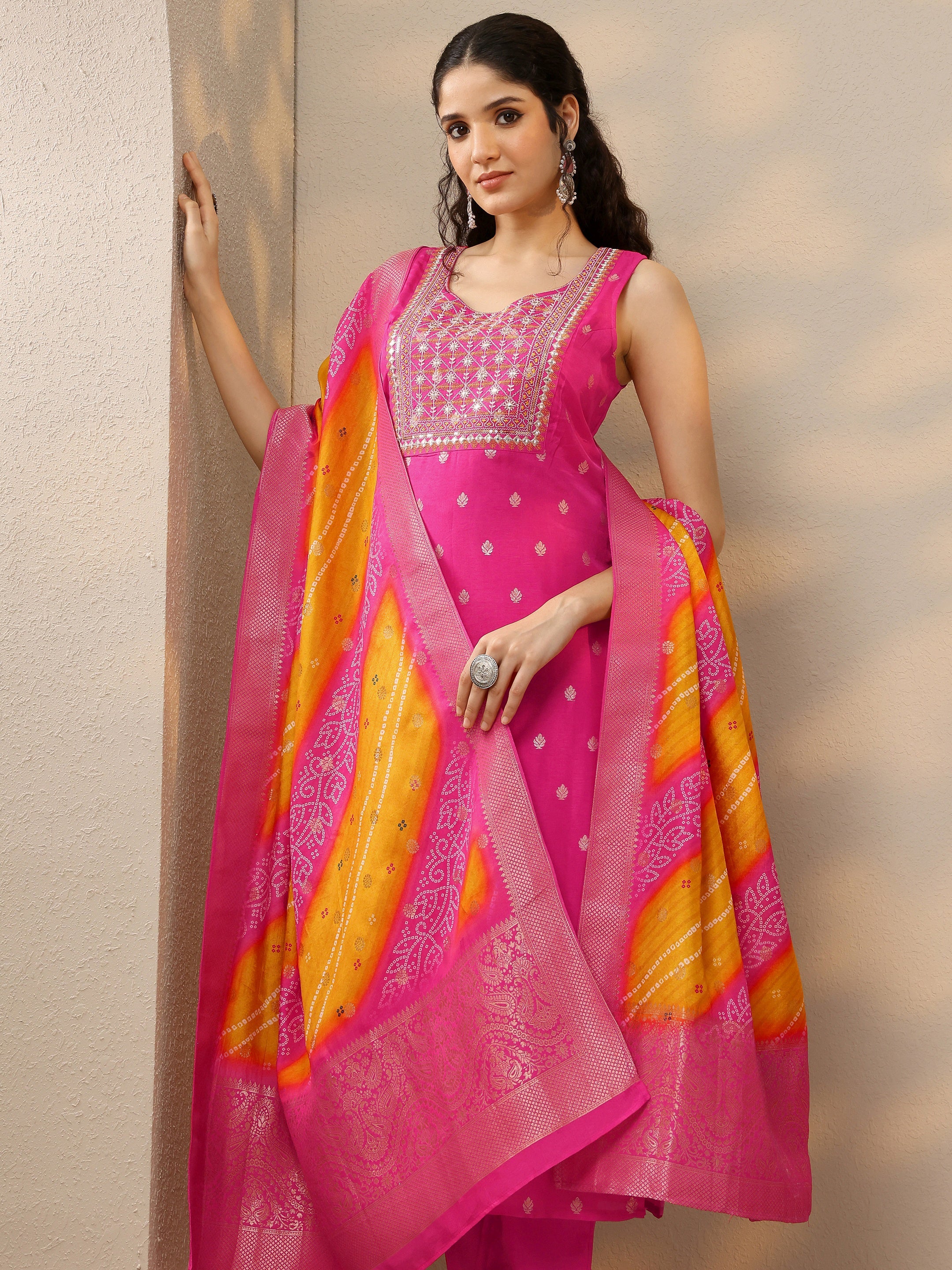 Pink Woven Design Silk Blend Straight Suit With Dupatta