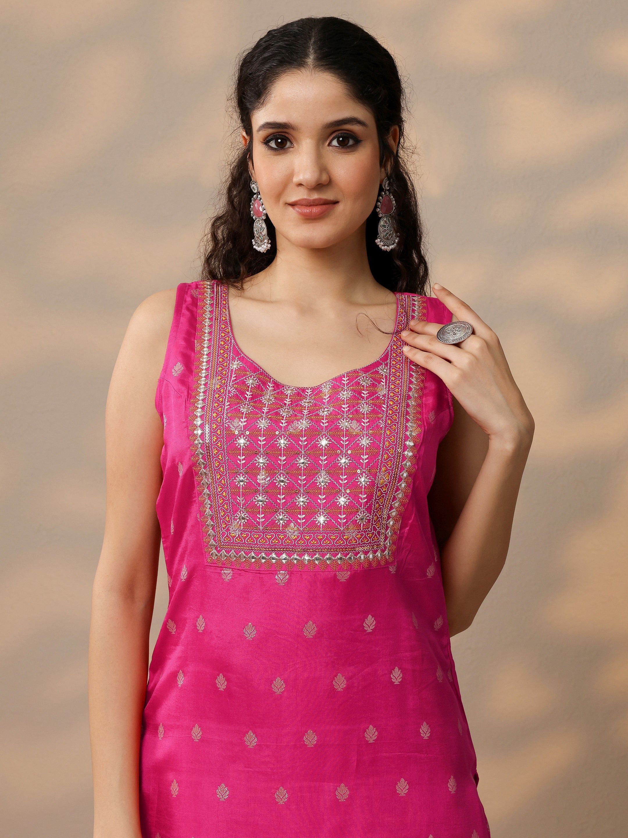 Pink Woven Design Silk Blend Straight Suit With Dupatta