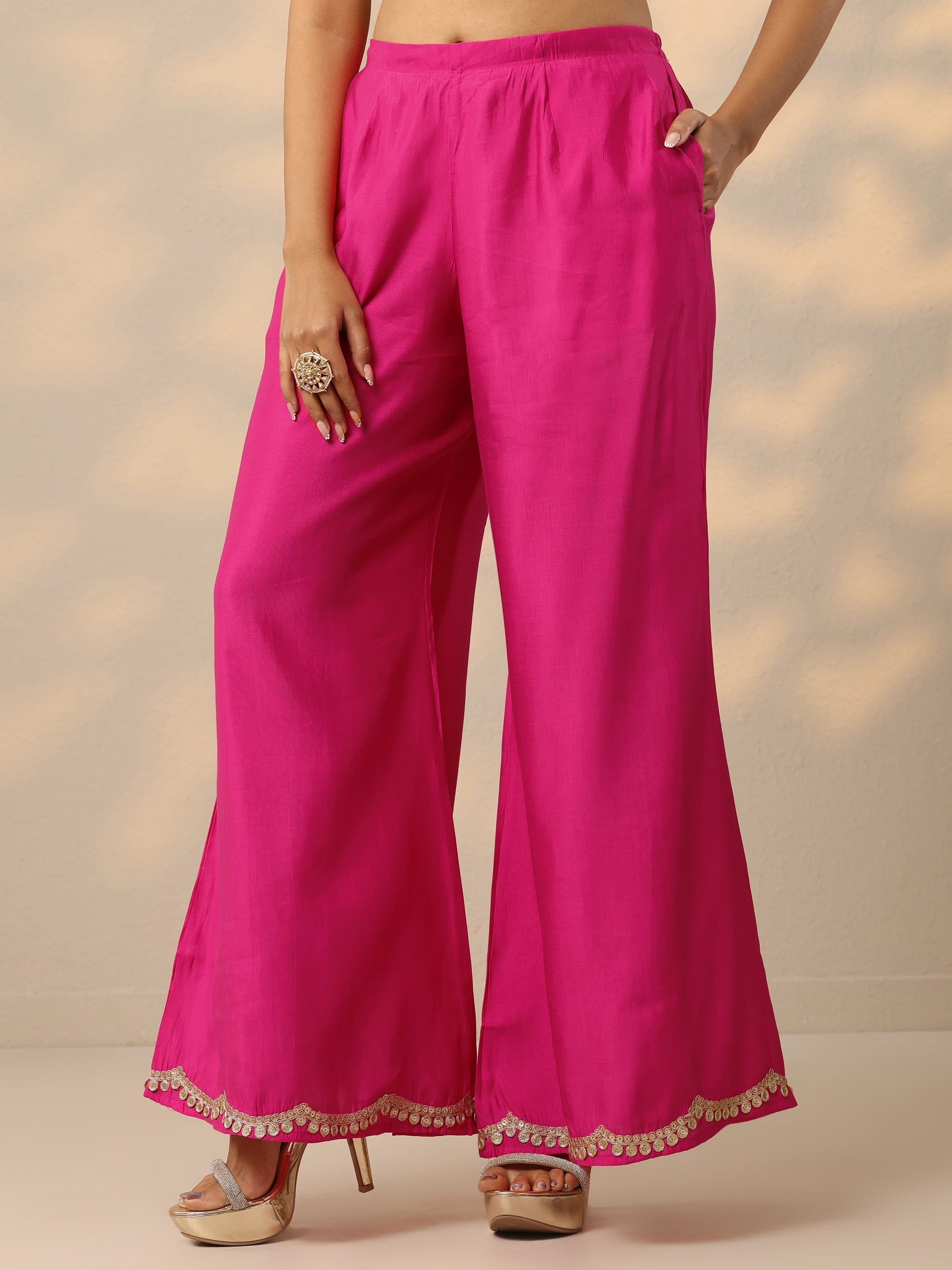 Pink Woven Design Silk Blend Straight Suit With Dupatta