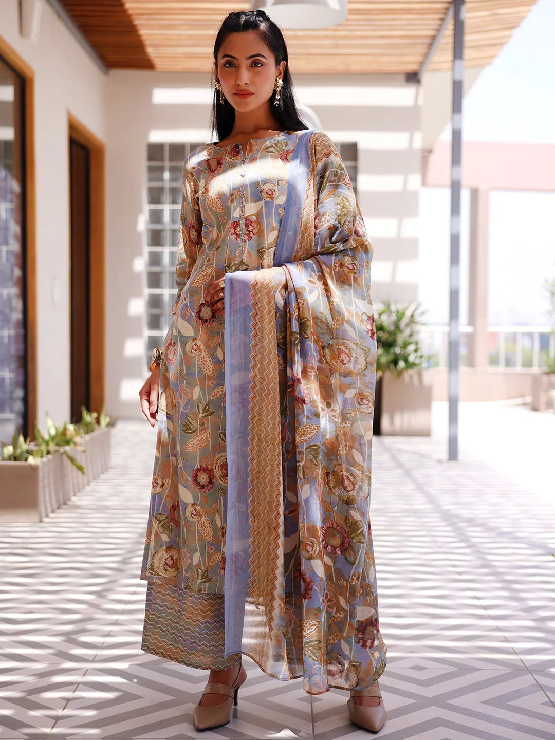 Grey Printed Silk Blend Straight Suit With Dupatta