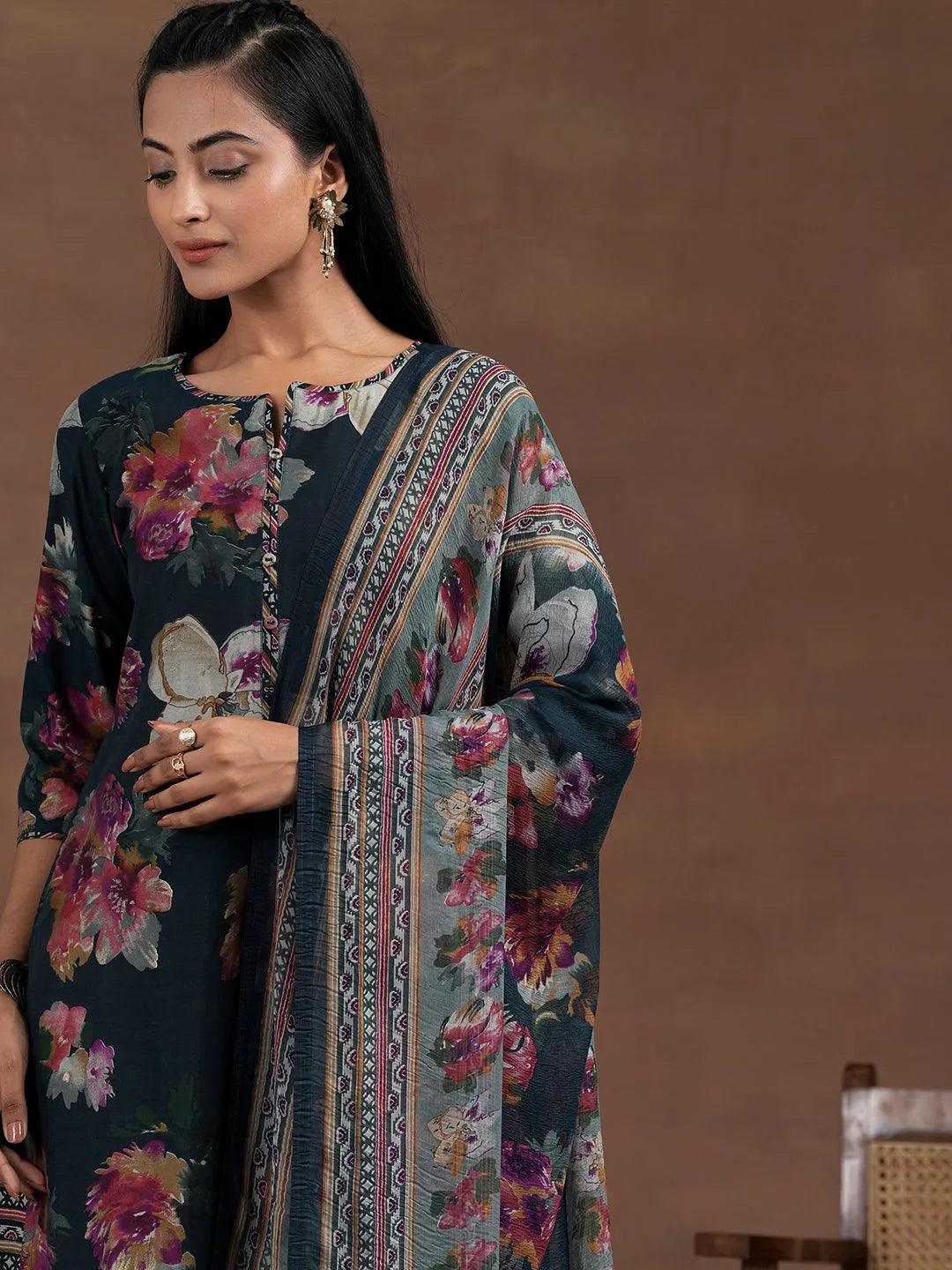 Blue Printed Silk Blend Straight Suit With Dupatta