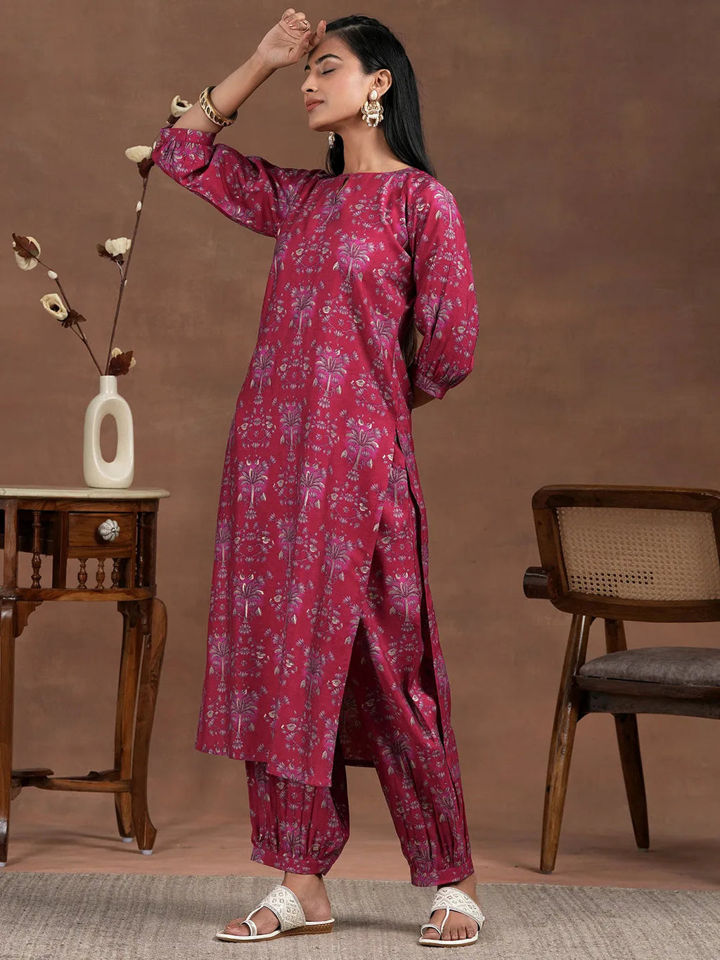 Pink Printed Silk Blend Straight Suit With Dupatta