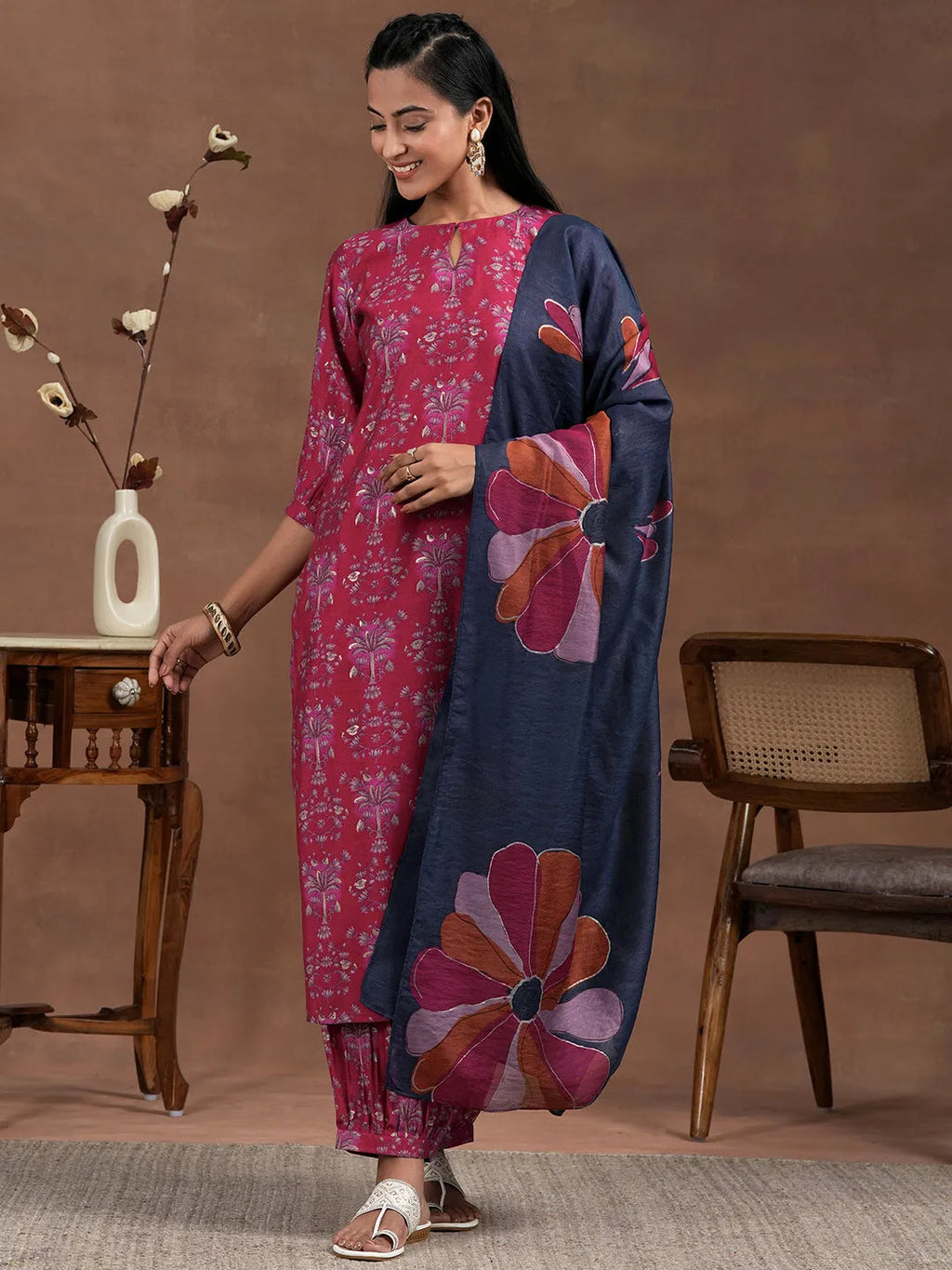 Pink Printed Silk Blend Straight Suit With Dupatta