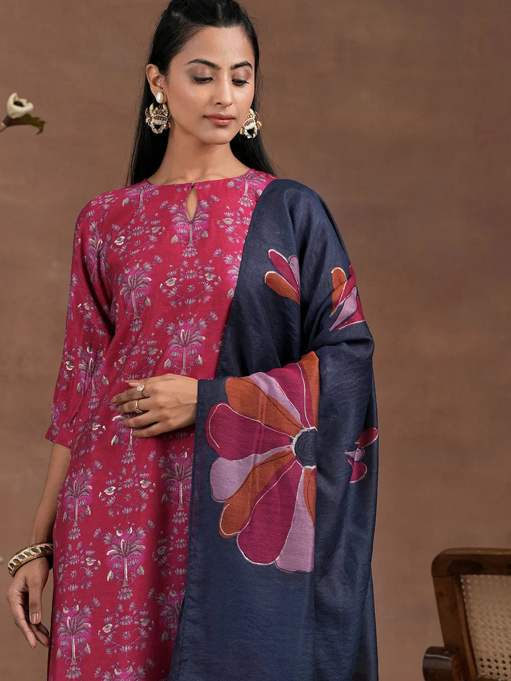 Pink Printed Silk Blend Straight Suit With Dupatta