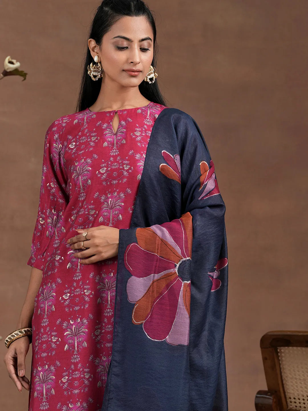 Pink Printed Silk Blend Straight Suit With Dupatta