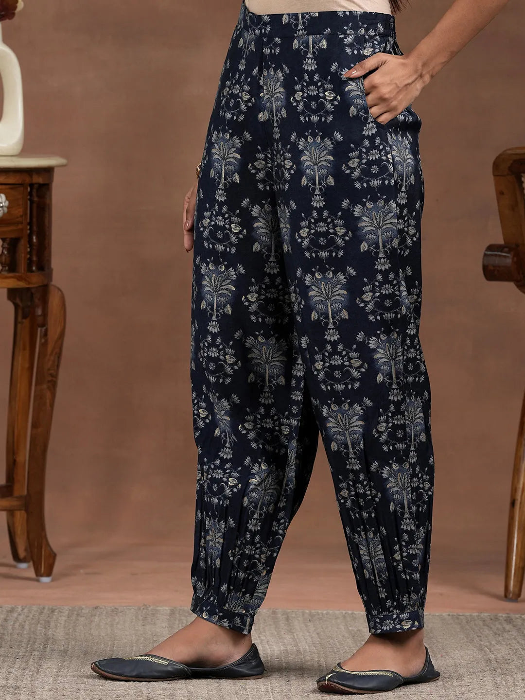 Blue Printed Silk Blend Straight Suit With Dupatta