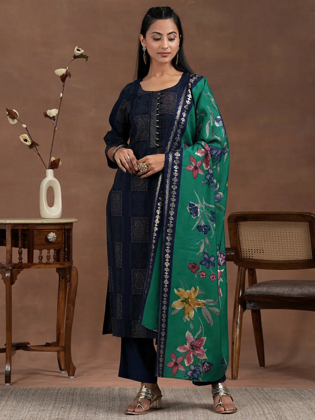 Blue Printed Silk Blend Straight Suit With Dupatta