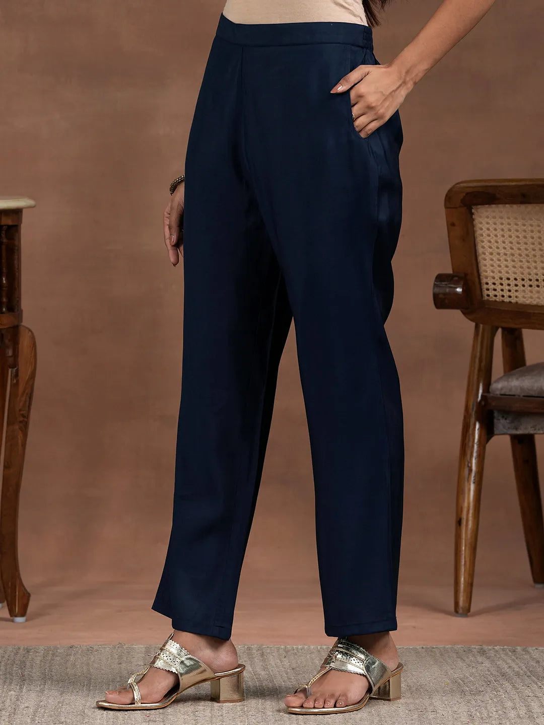 Blue Printed Silk Blend Straight Suit With Dupatta