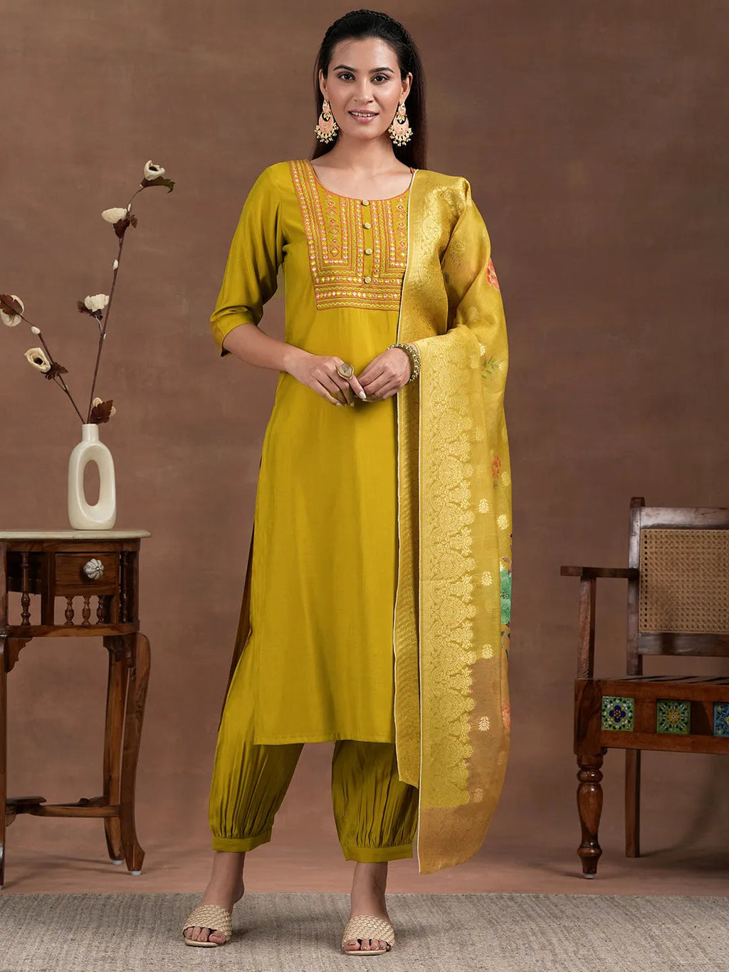 Mustard Yoke Design Silk Blend Straight Suit With Dupatta