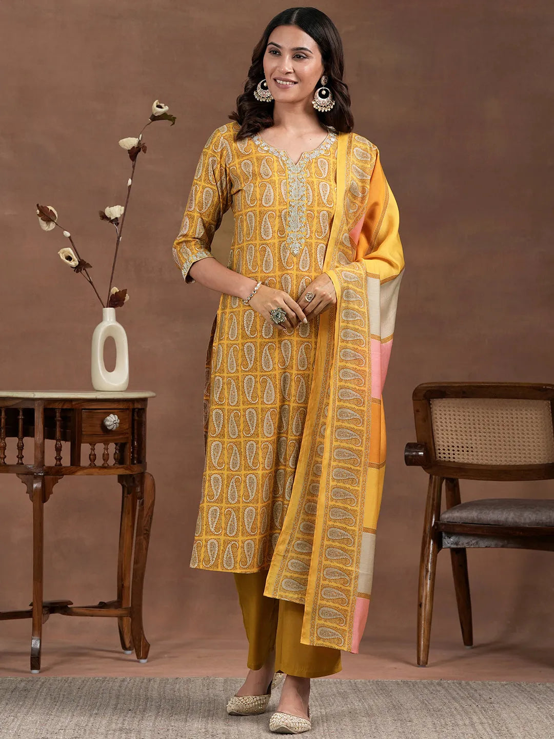 Mustard Printed Silk Blend Straight Suit With Dupatta