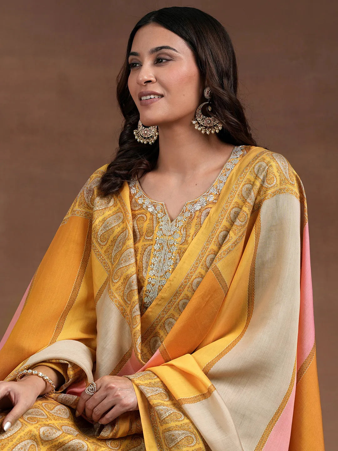 Mustard Printed Silk Blend Straight Suit With Dupatta