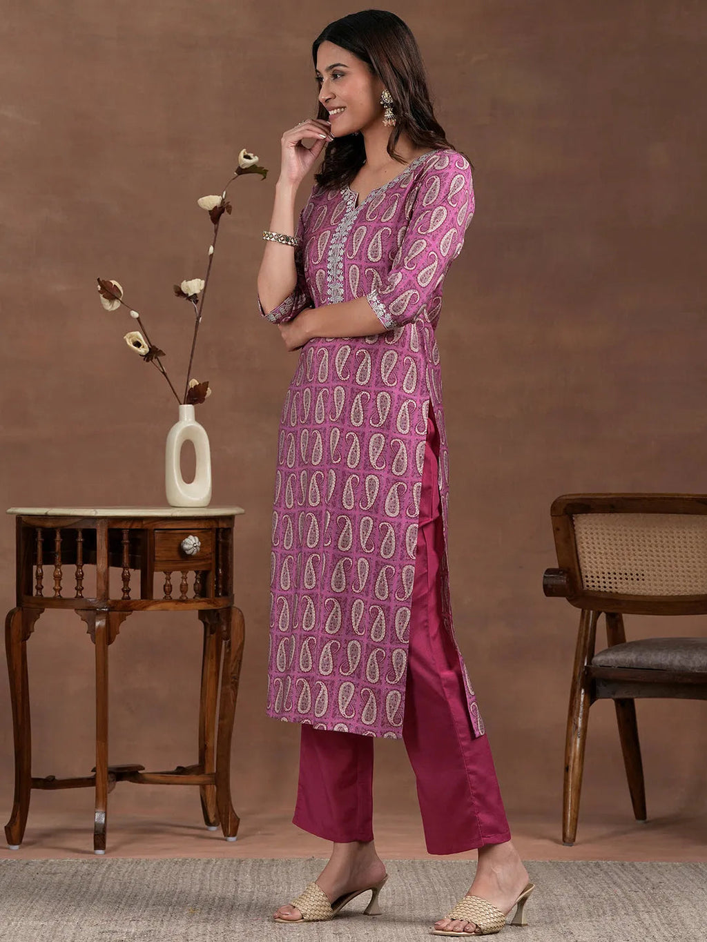 Pink Printed Silk Blend Straight Suit With Dupatta