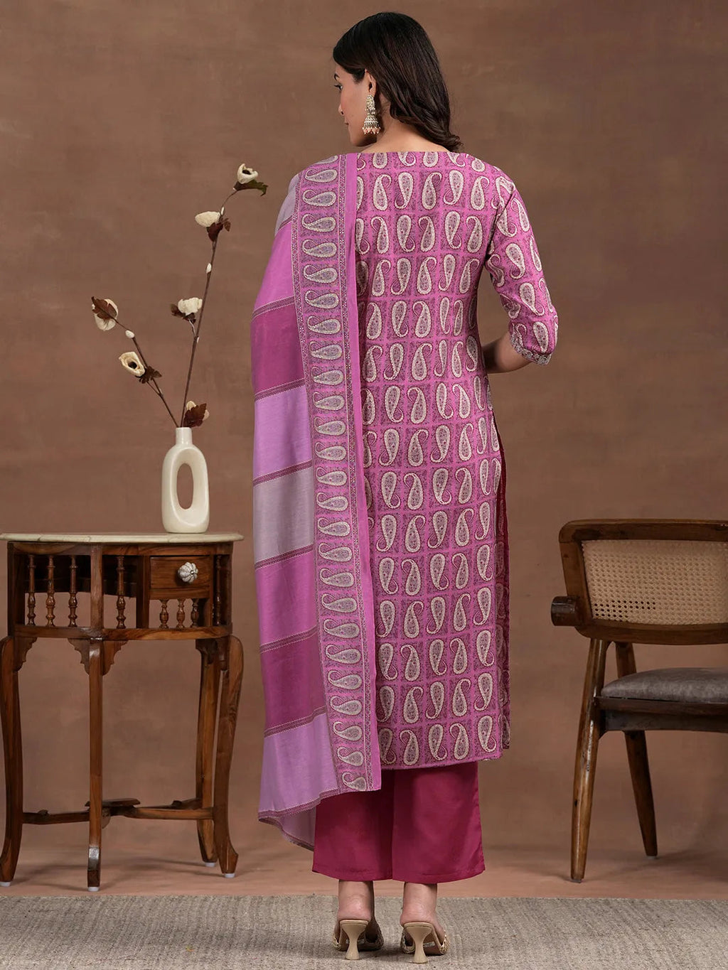 Pink Printed Silk Blend Straight Suit With Dupatta