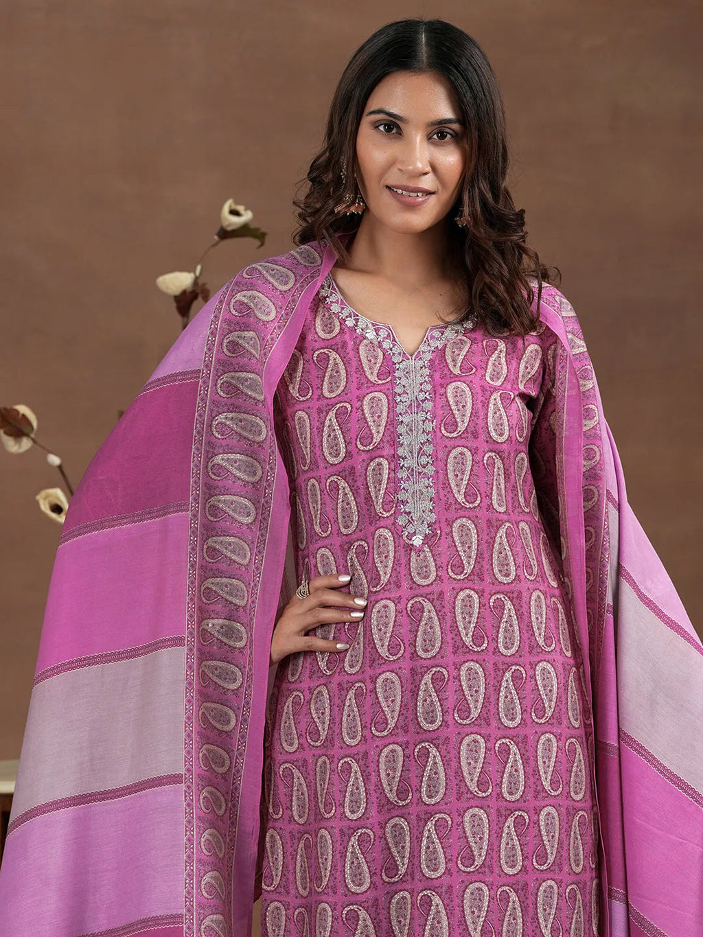 Pink Printed Silk Blend Straight Suit With Dupatta